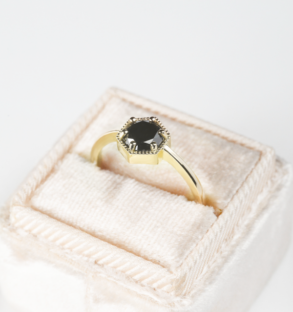 black diamond engagement ring in yellow gold