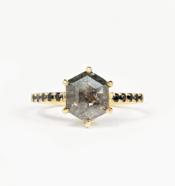 salt and pepper diamond engagement ring with hexagonal rose cut diamond and black diamonds