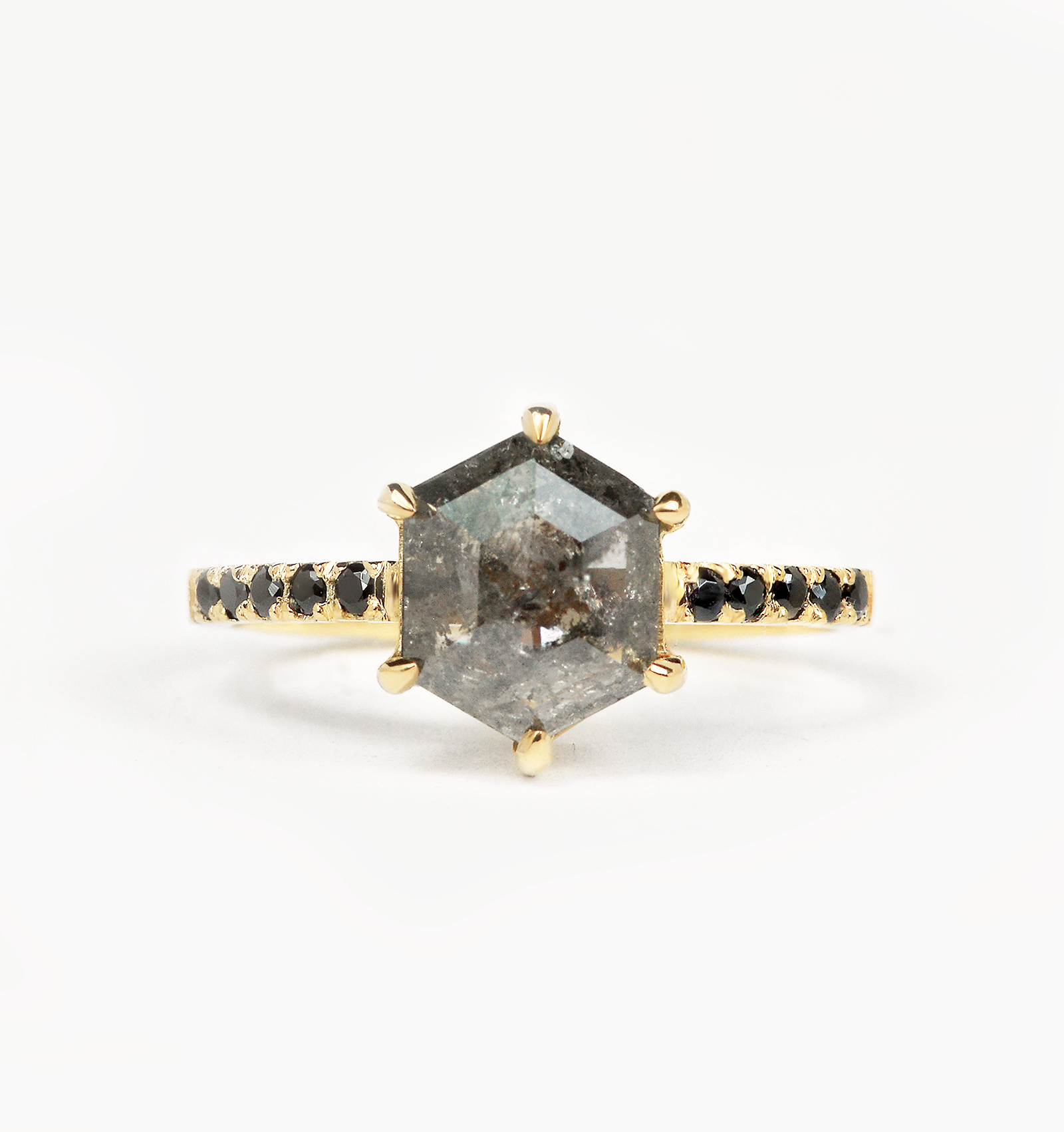 salt and pepper diamond engagement ring with hexagonal rose cut diamond and black diamonds