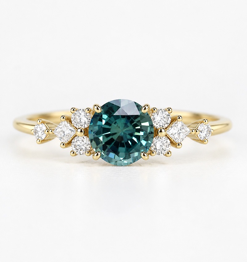 teal sapphire and diamond cluster ring