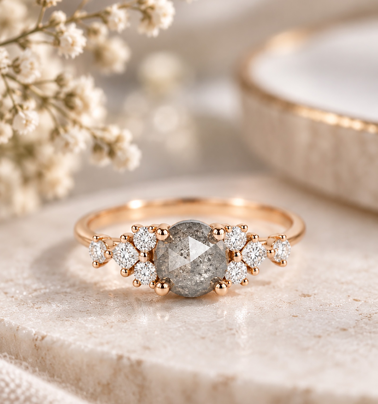 Salt And Pepper Diamond Cluster Engagement Ring - Image 4