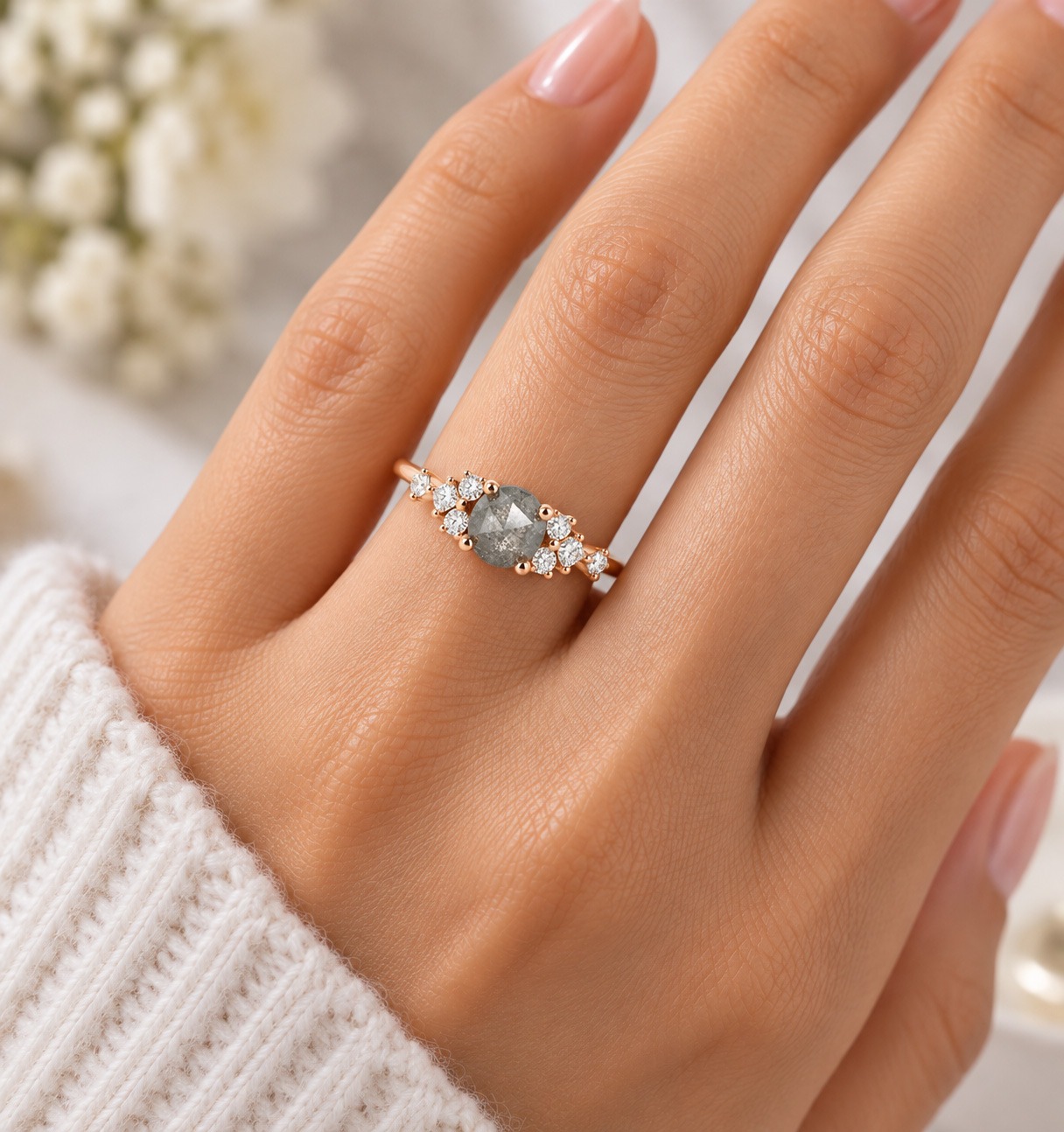 Salt And Pepper Diamond Cluster Engagement Ring - Image 5