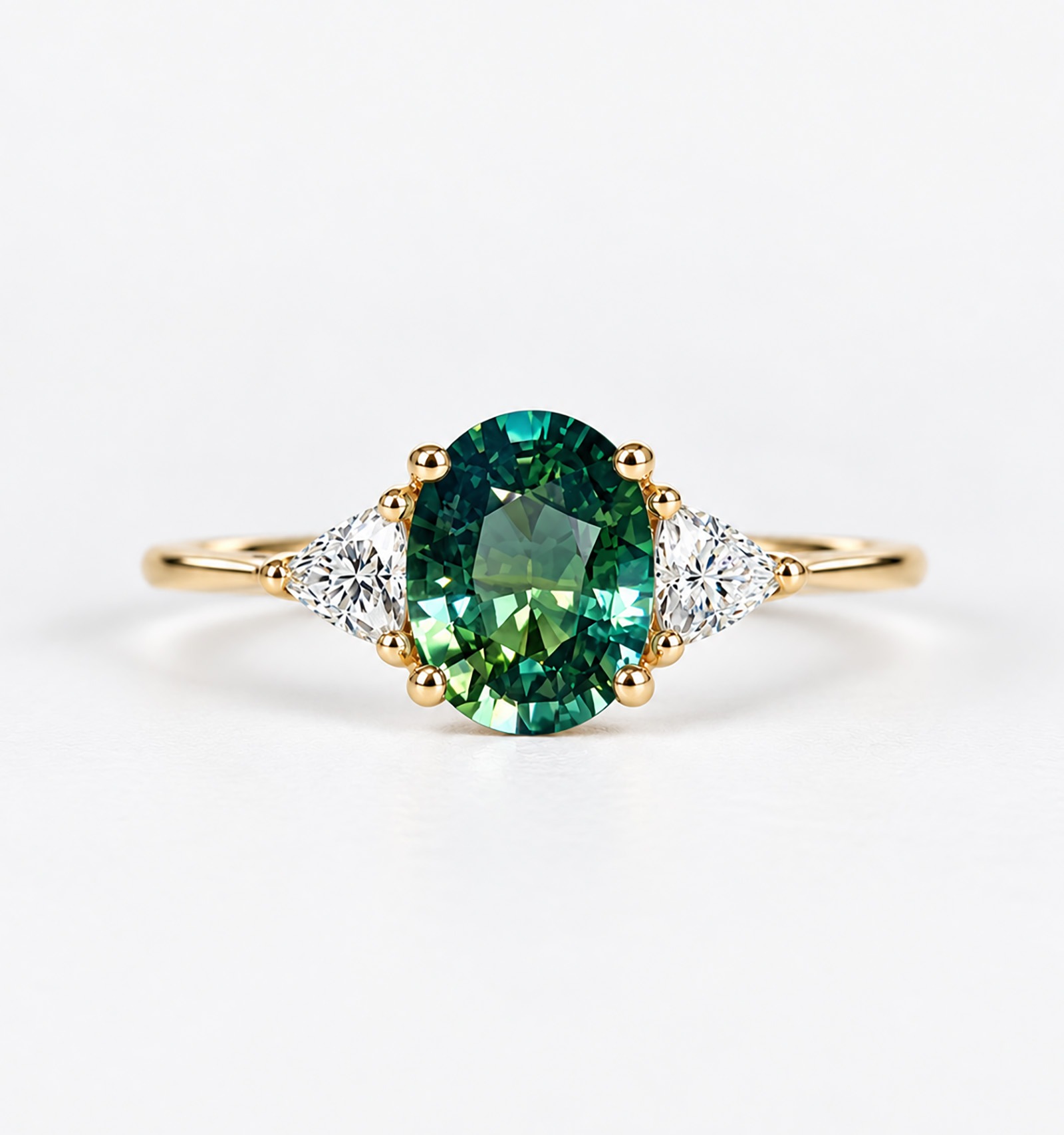 oval teal sapphire and diamond triology engagement ring