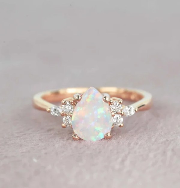 pear cut white opal bridal ring