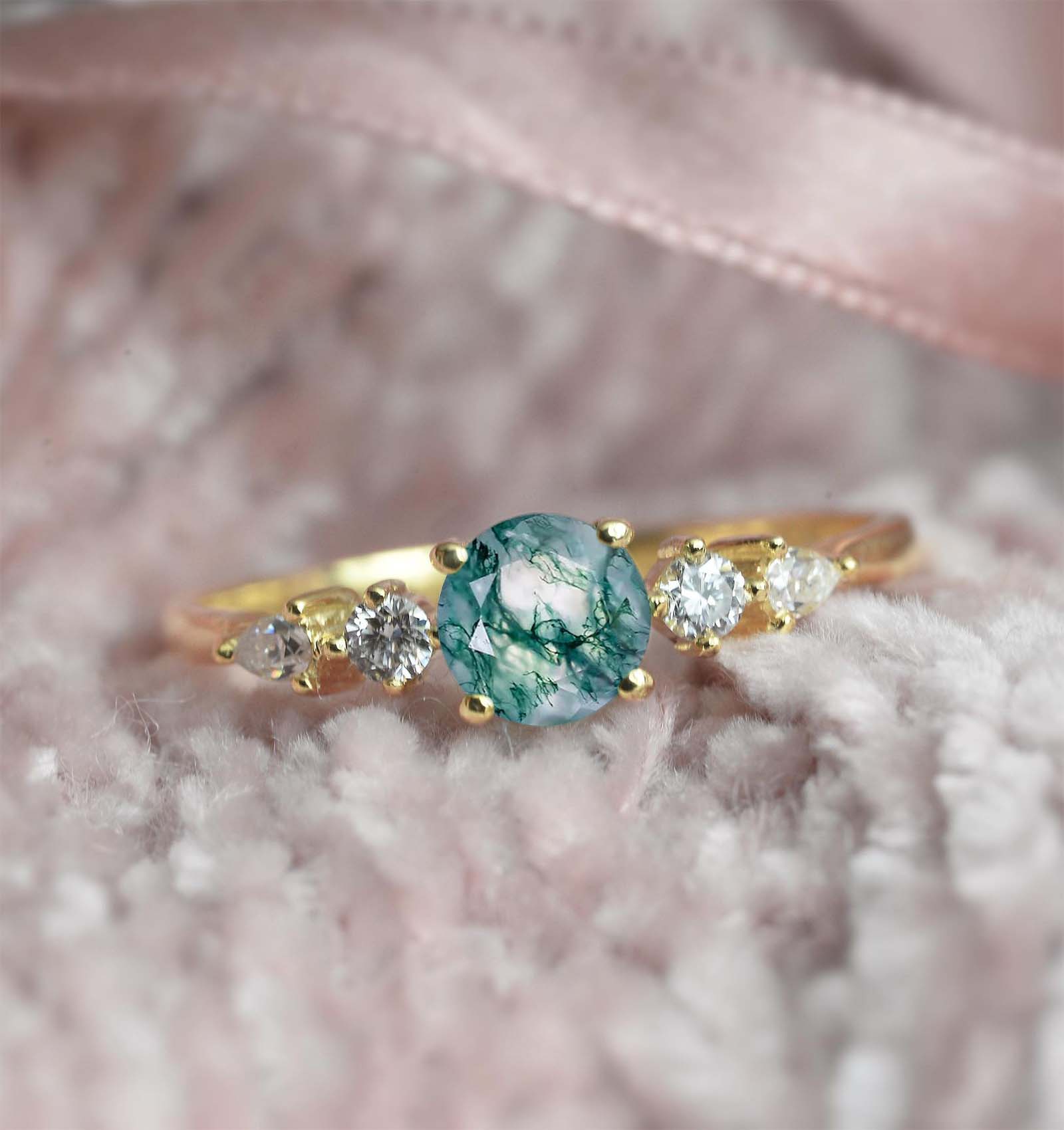 dainty diamond and moss agate ring