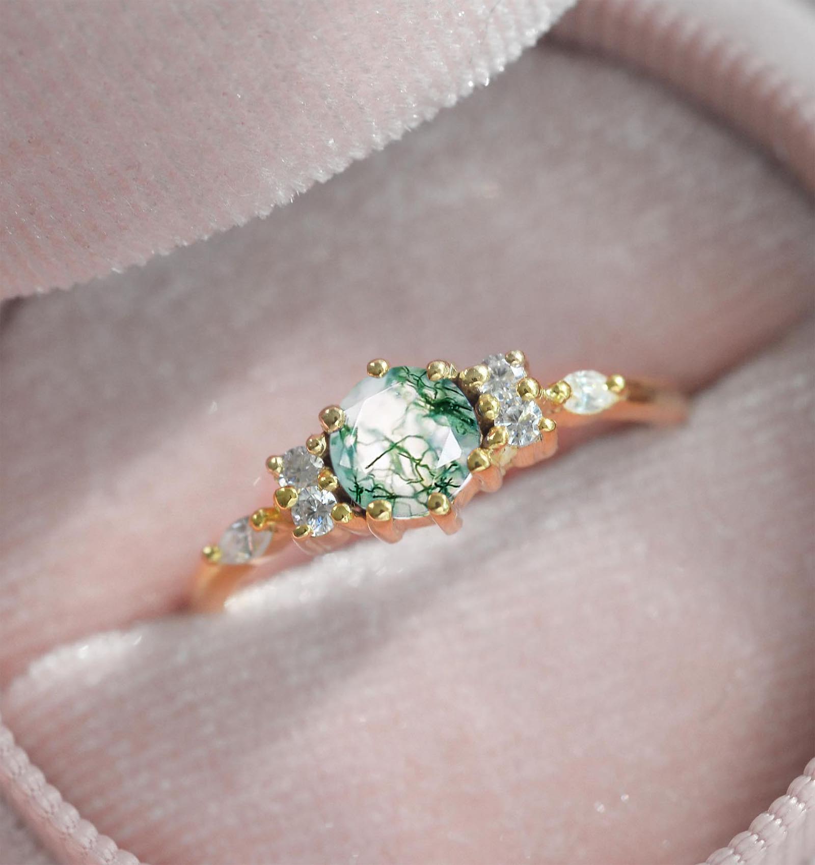 dainty moss agate bespoke ring