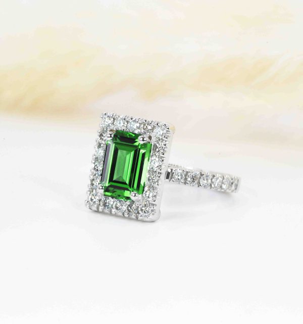 Emerald cut green tsavorite ring for her