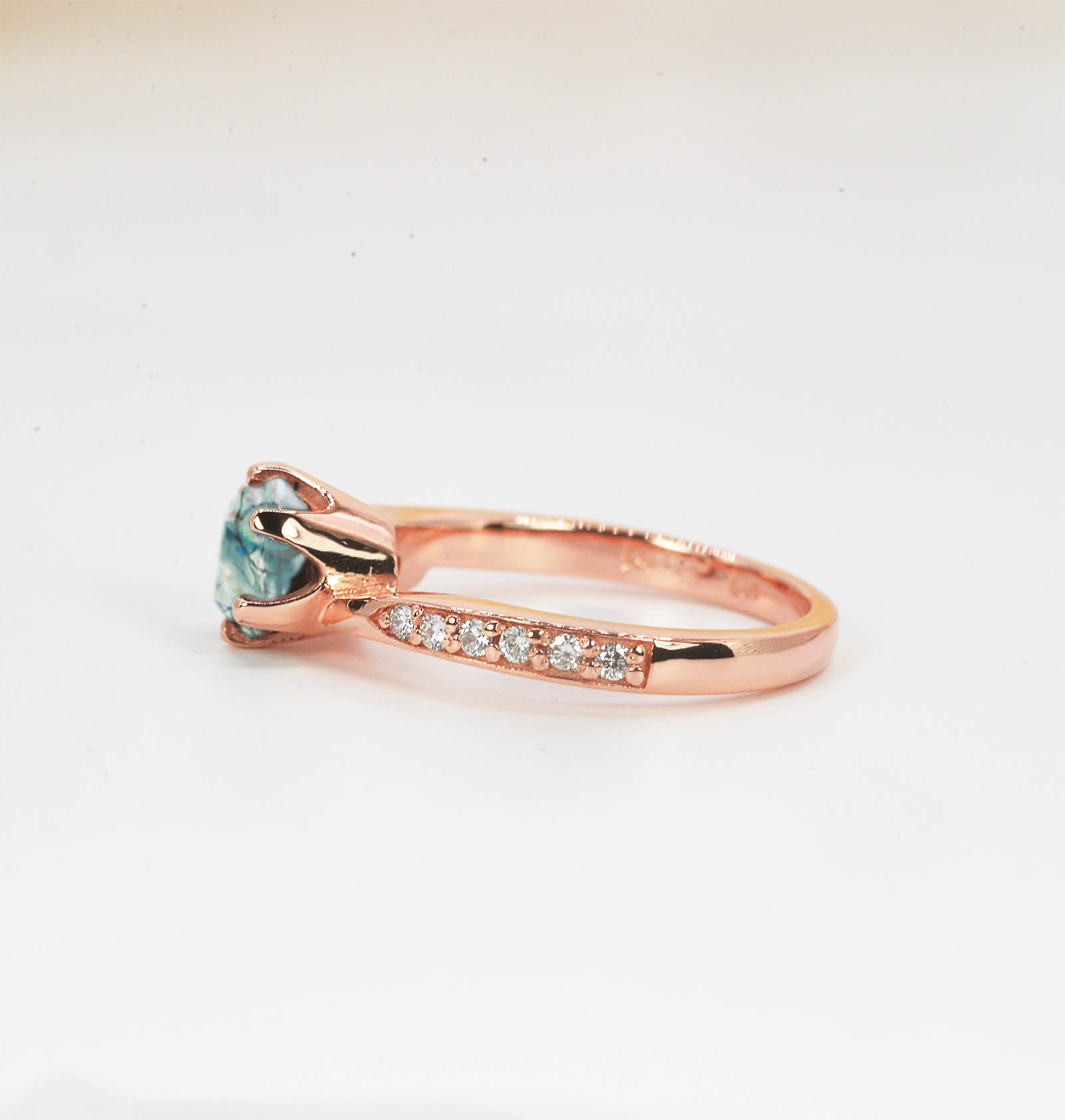 art deco moss agate ring in rose gold