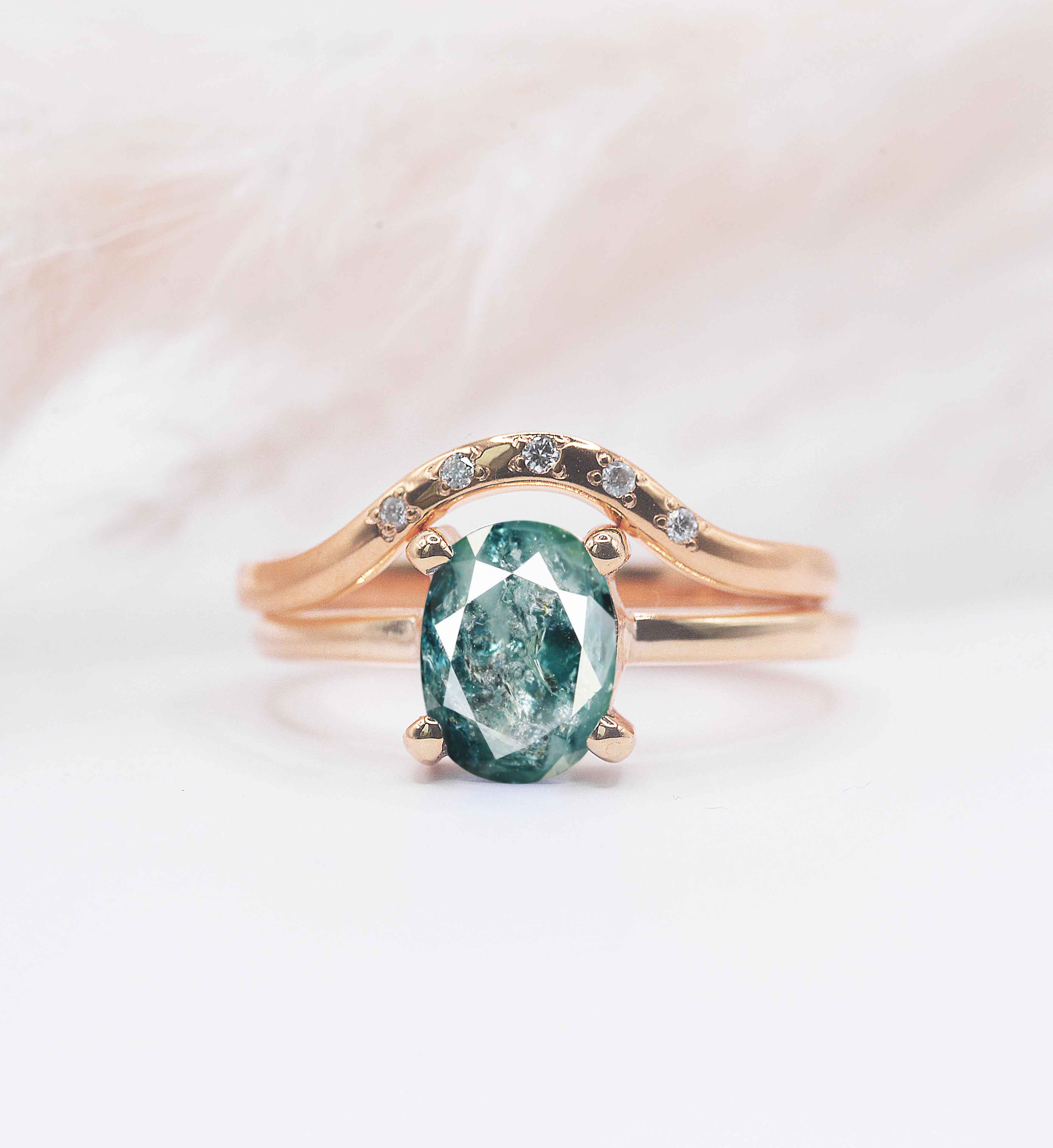 Oval rustic diamond ring and wedding band - DIORAH JEWELLERS