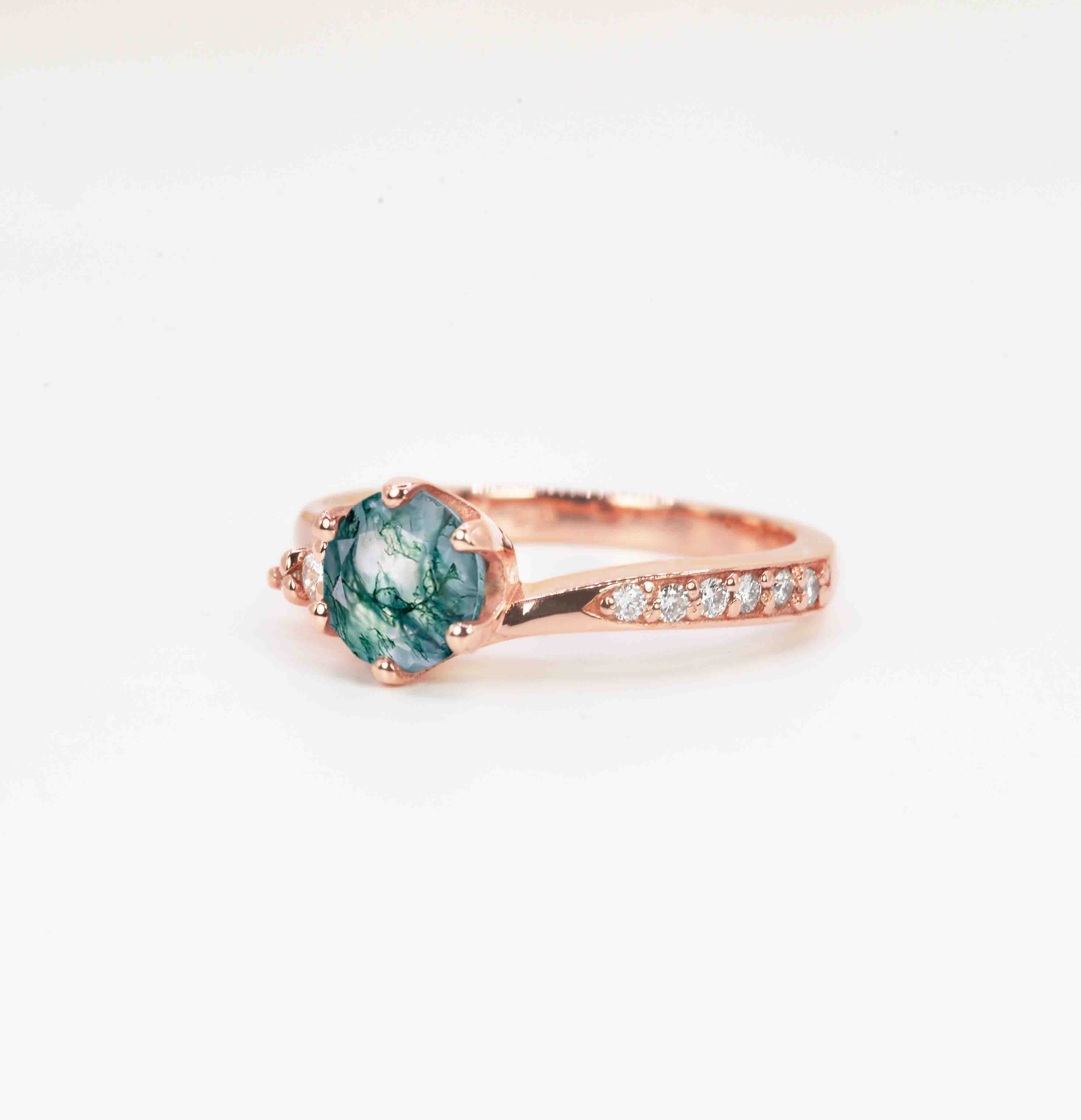 art deco moss agate ring in rose gold