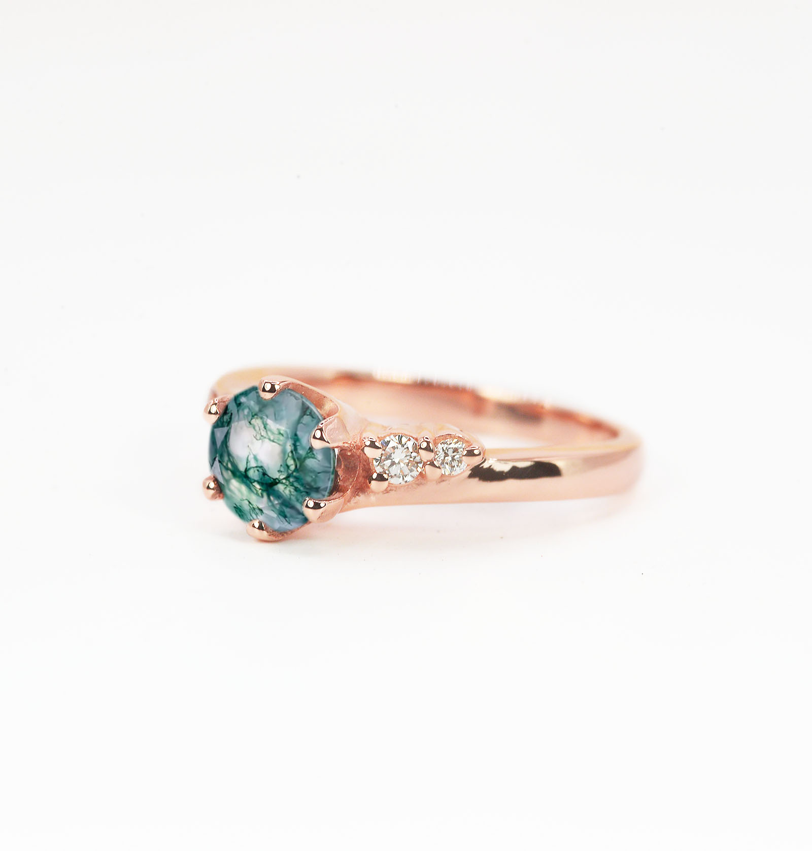 art deco moss agate ring in rose gold