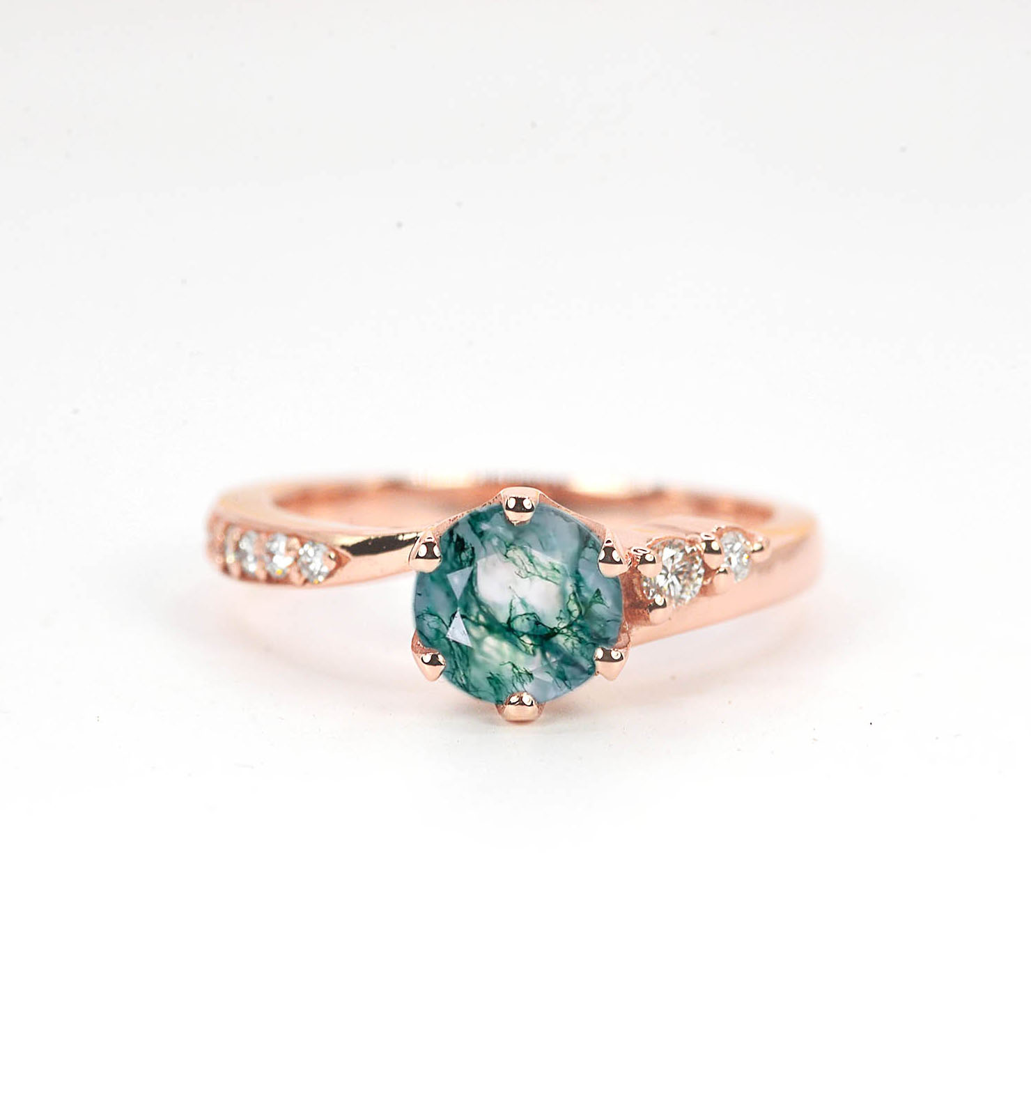 art deco moss agate ring in rose gold