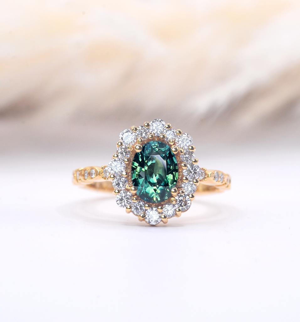 art deco teal sapphire cluster ring 0325