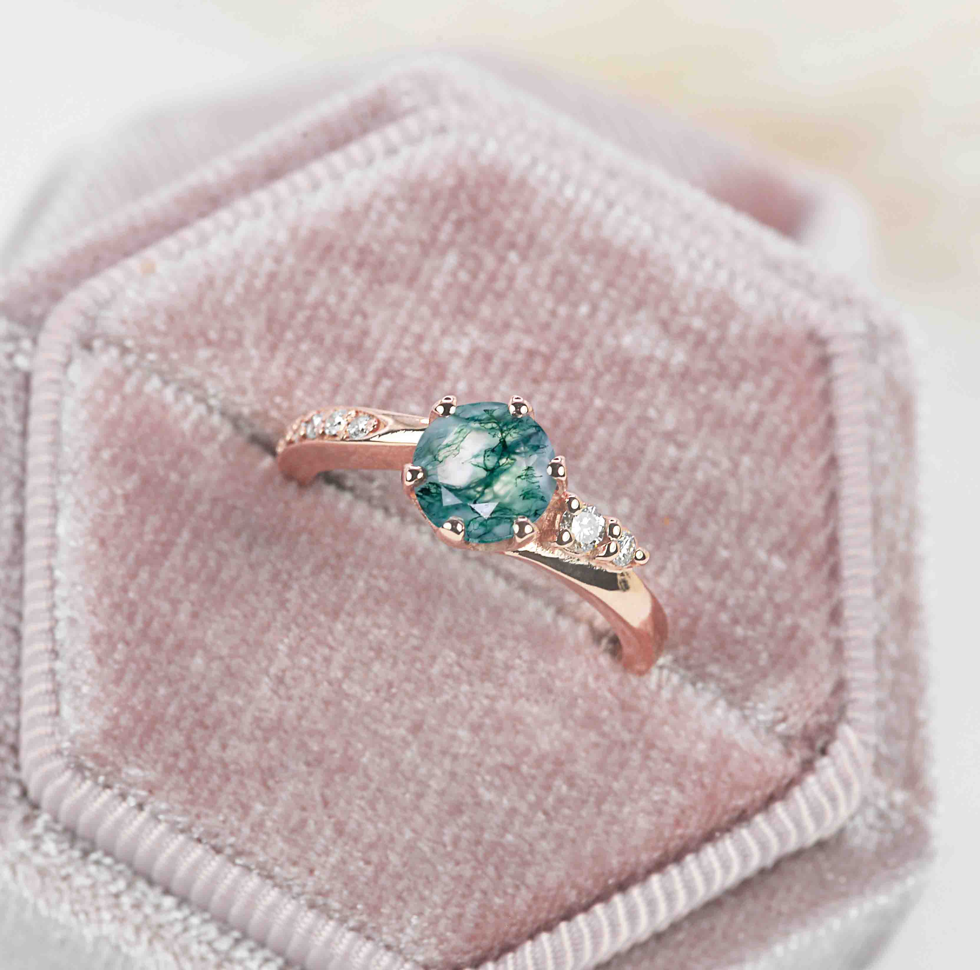 art deco moss agate ring in rose gold