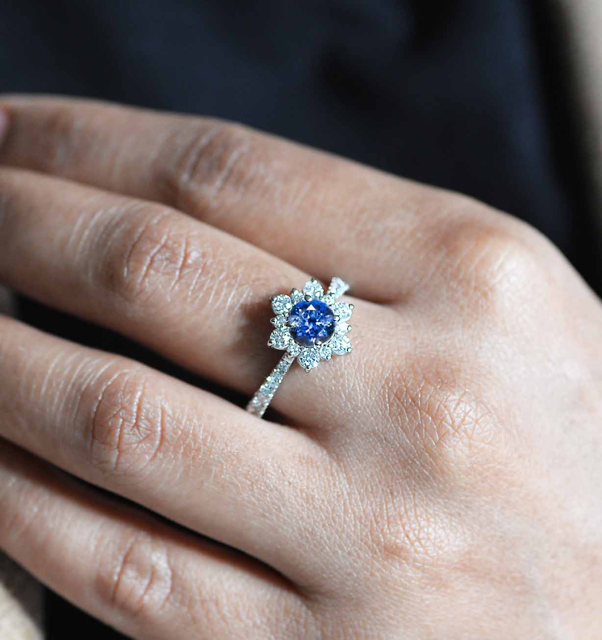 blue sapphire white gold cluster anniversary ring