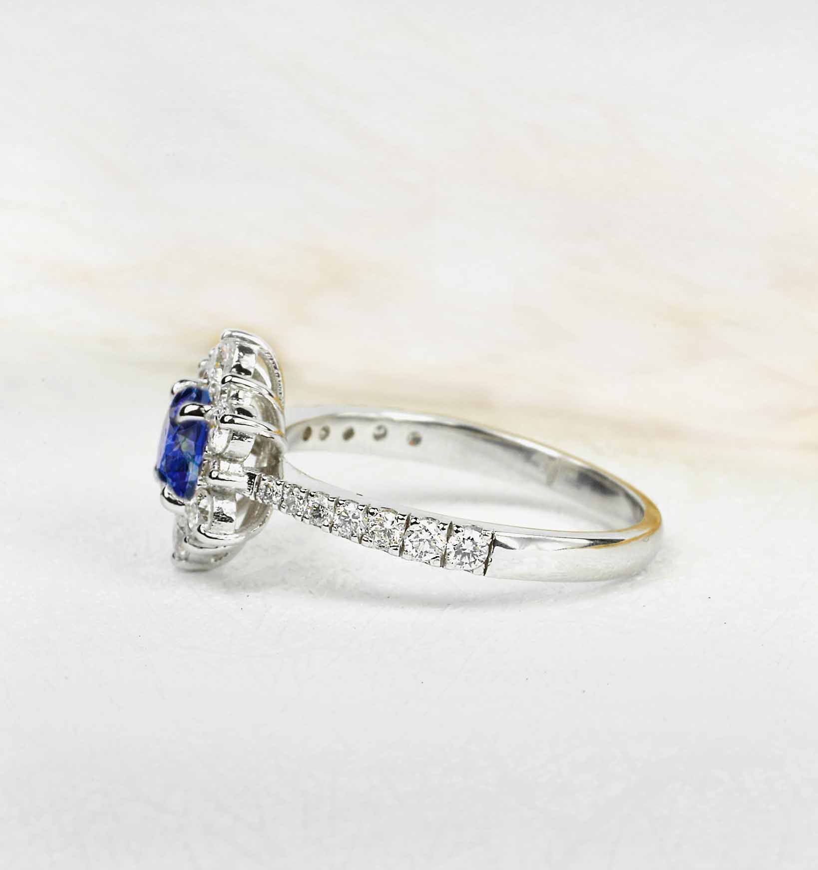 blue sapphire white gold cluster anniversary ring