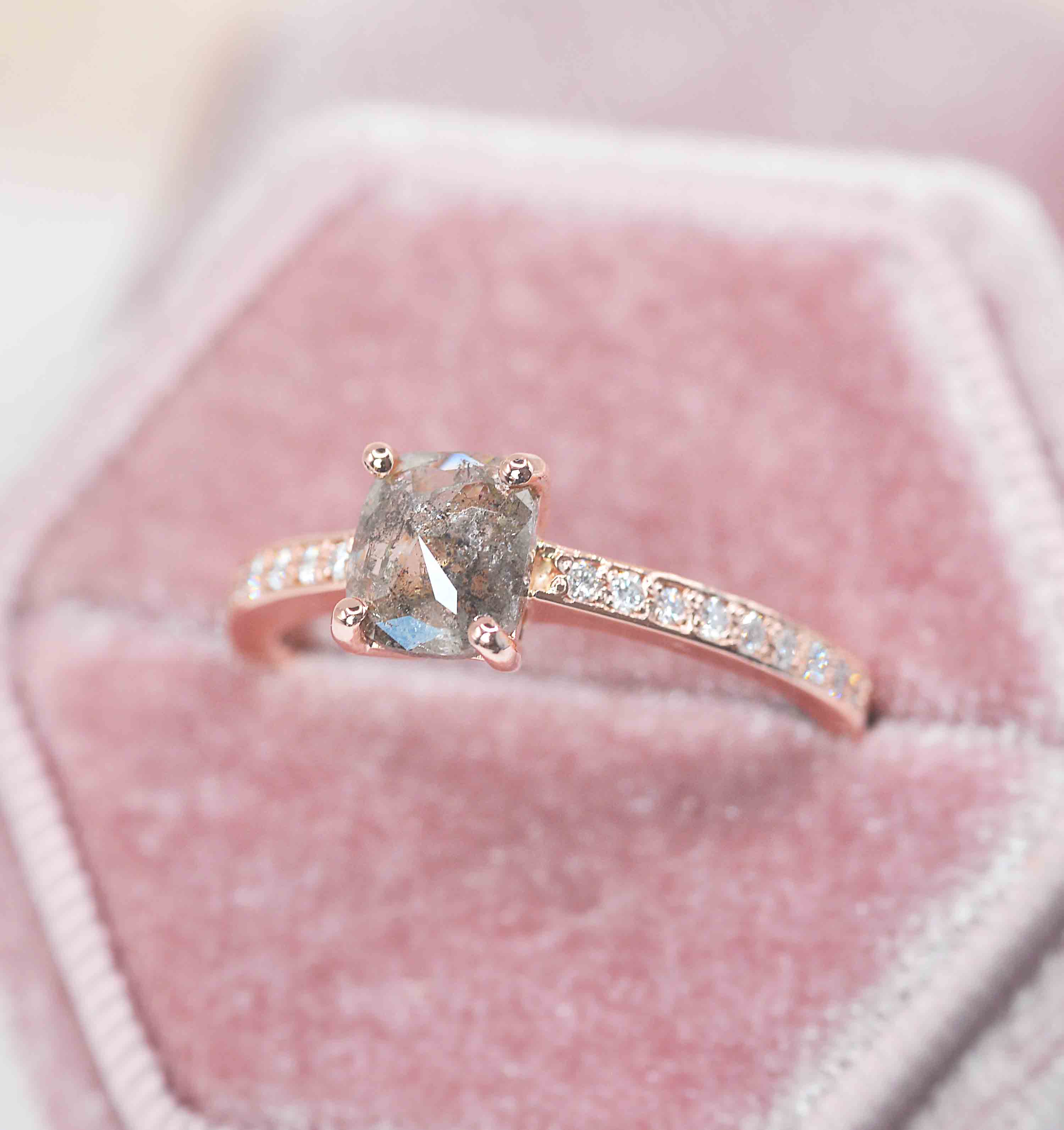 Cushion cut salt and pepper diamond ring in rose gold DIORAH JEWELLERS