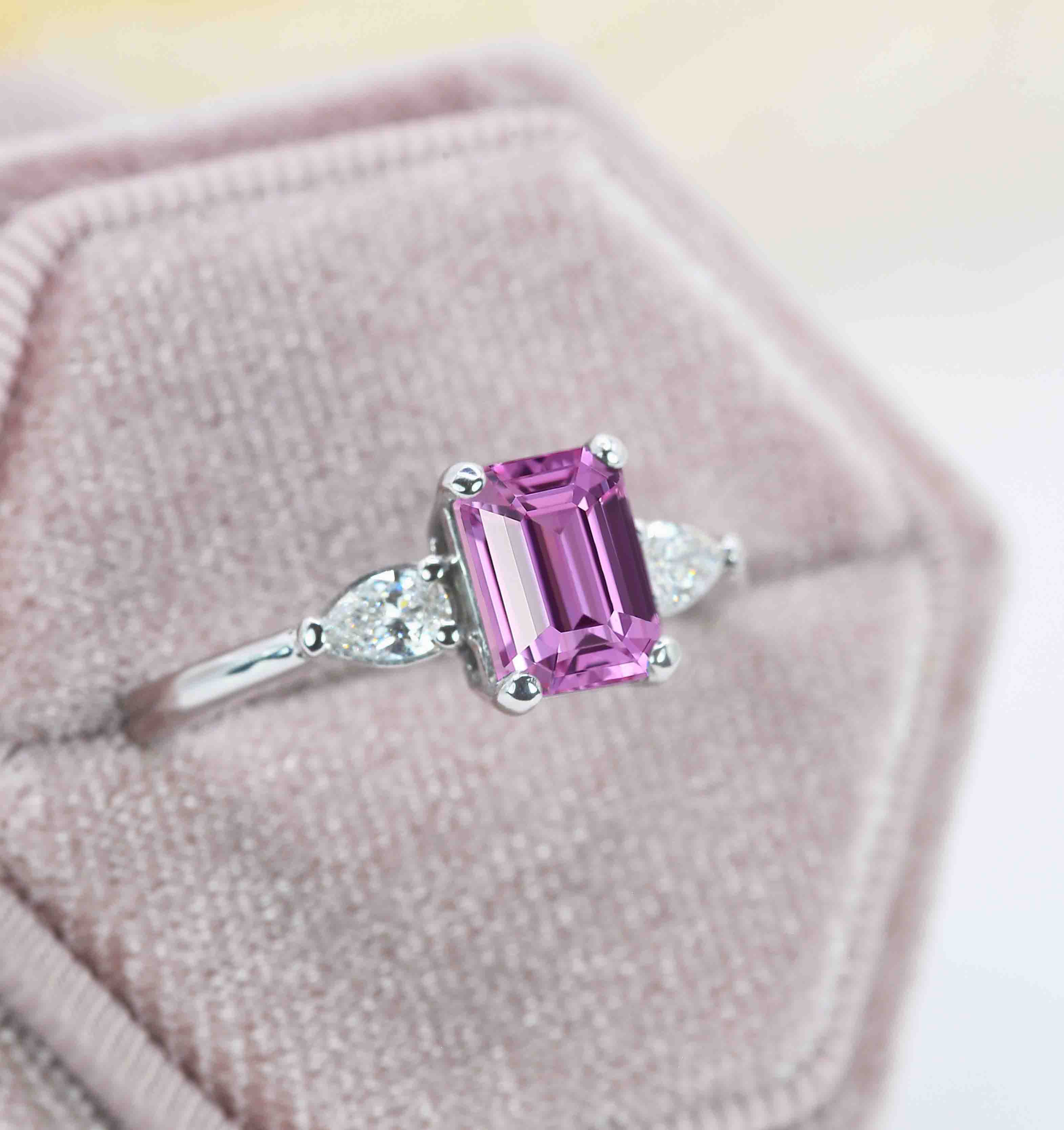 emerald cut pink sapphire art deco ring
