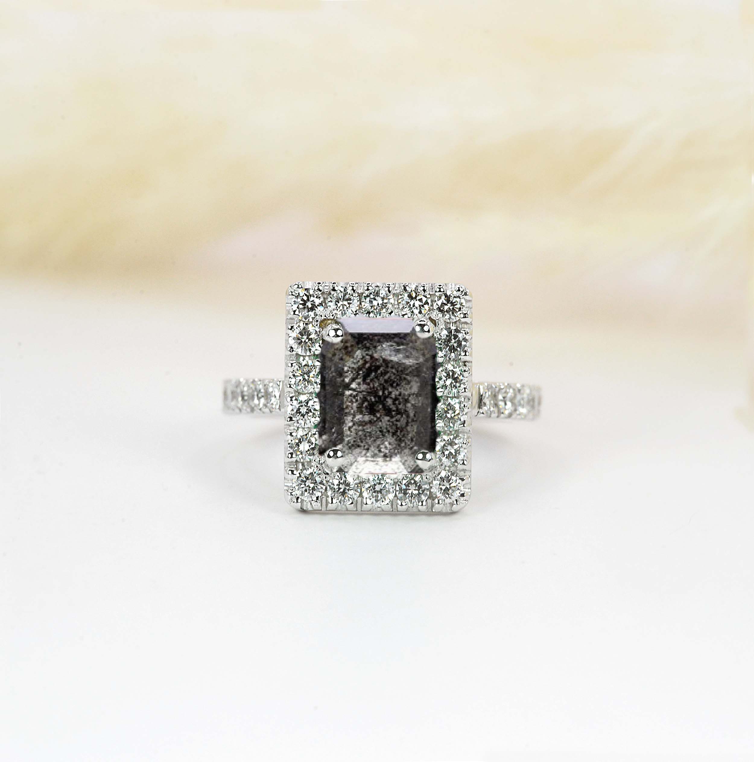 emerald cut galaxy diamond ring in vintage style