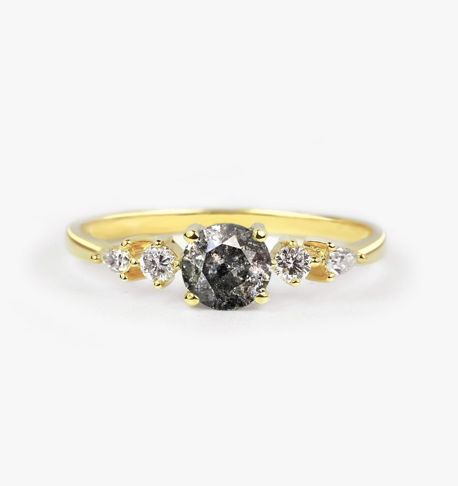 dainty salt and pepper diamond ring in yellow gold