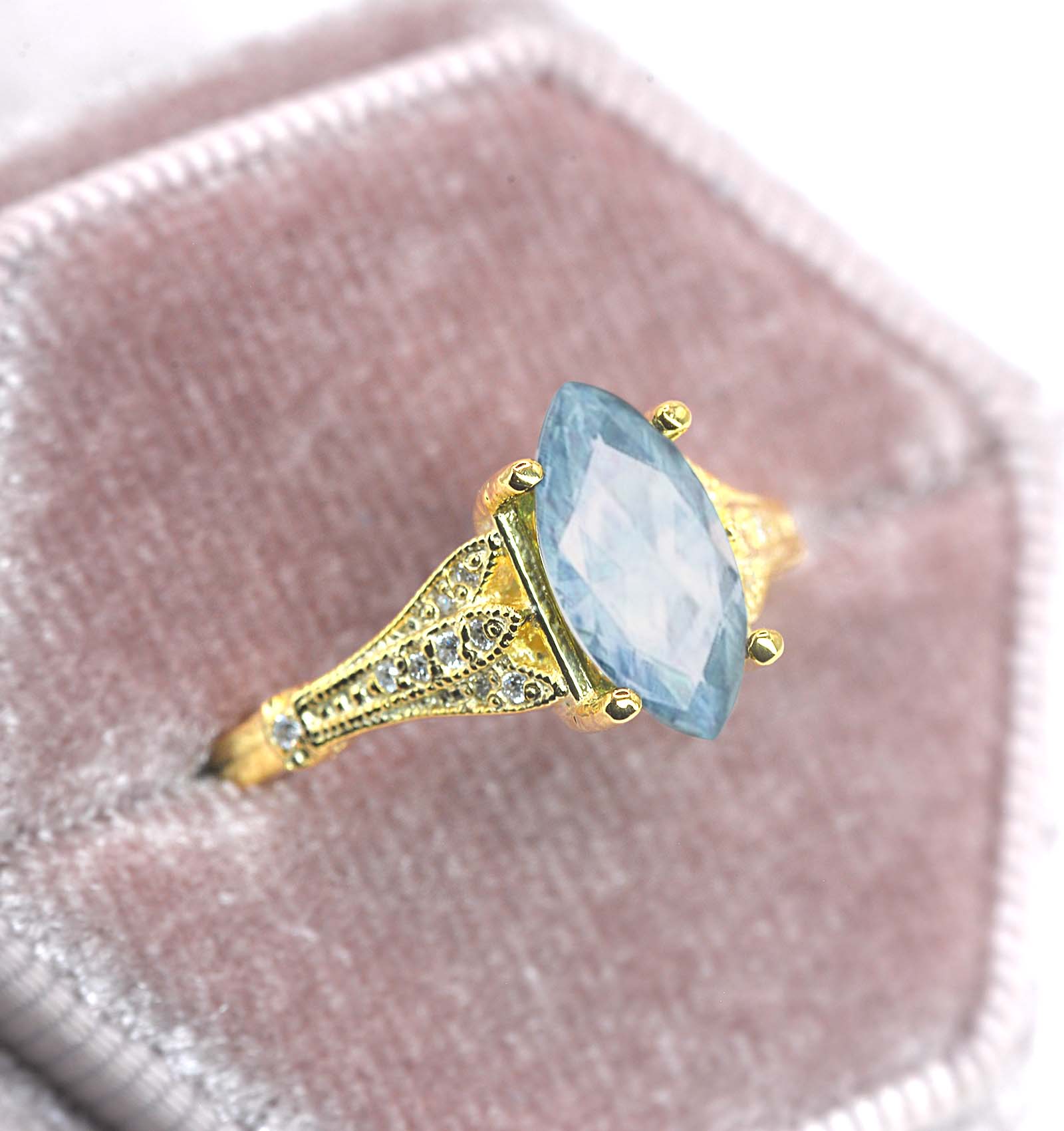 bridal promise aquamarine art deco ring