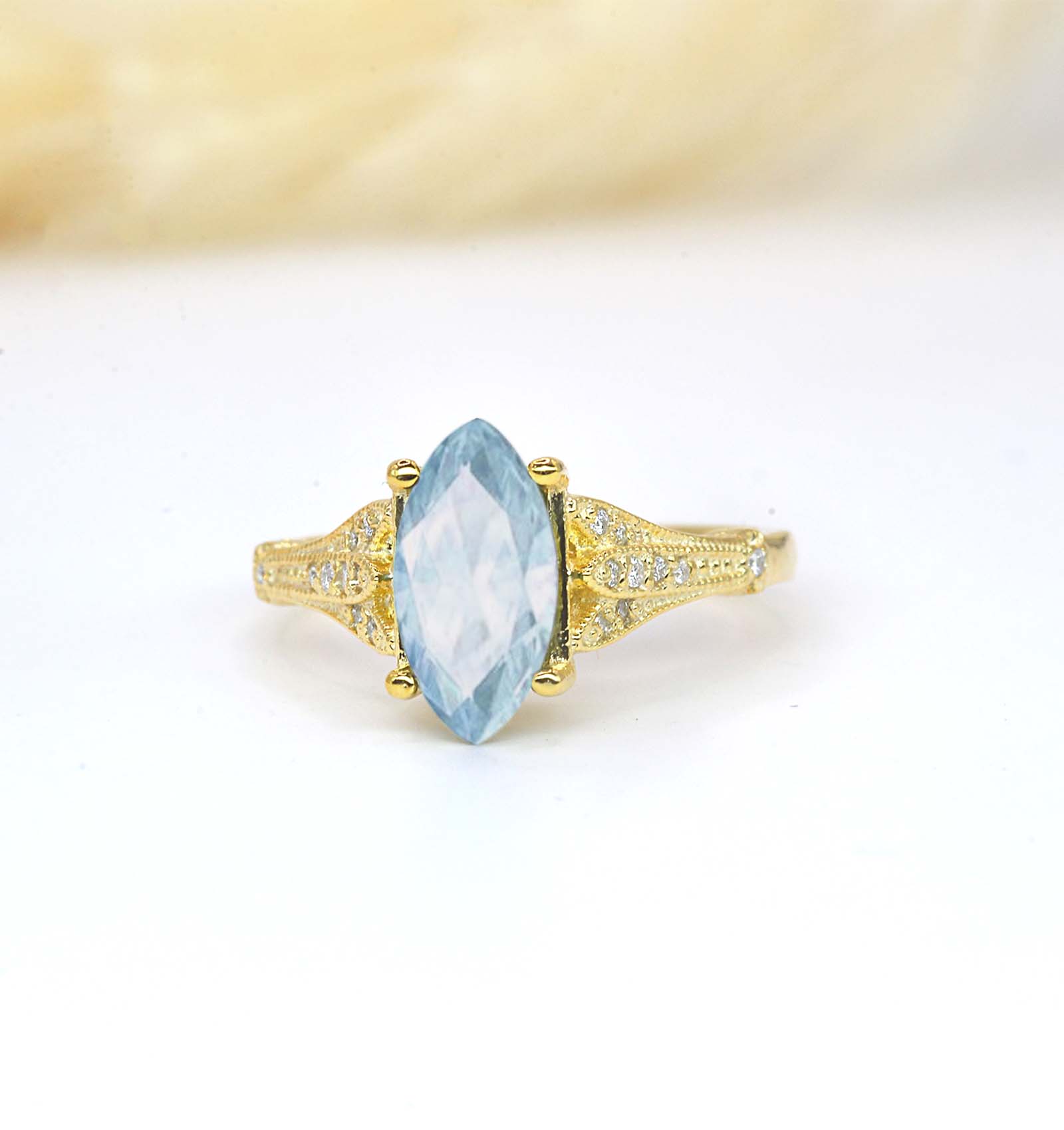 bridal promise aquamarine art deco ring