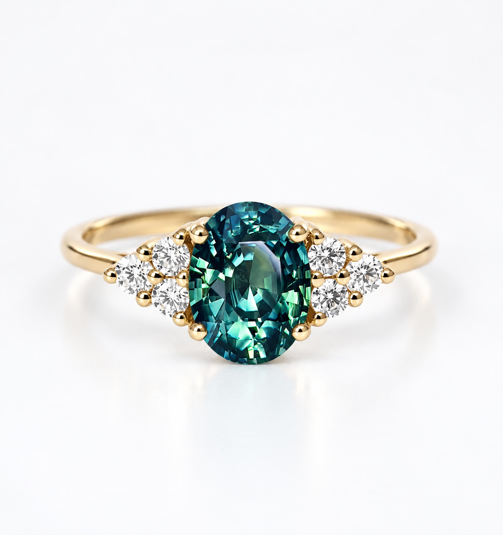 natural teal sapphire engagement ring in classic three stone setting