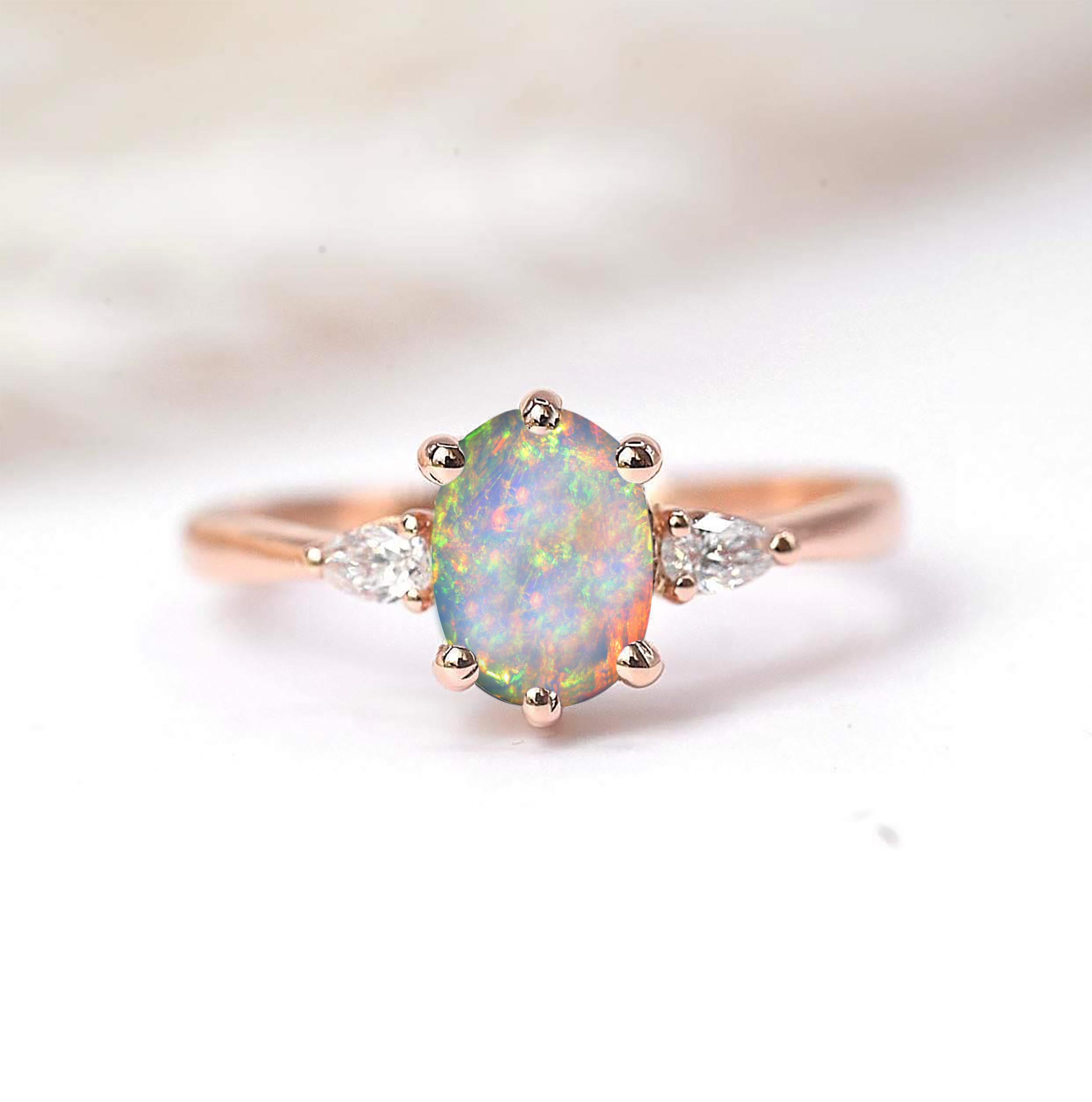 Oval 6mm white opal engagement ring - DIORAH JEWELLERS