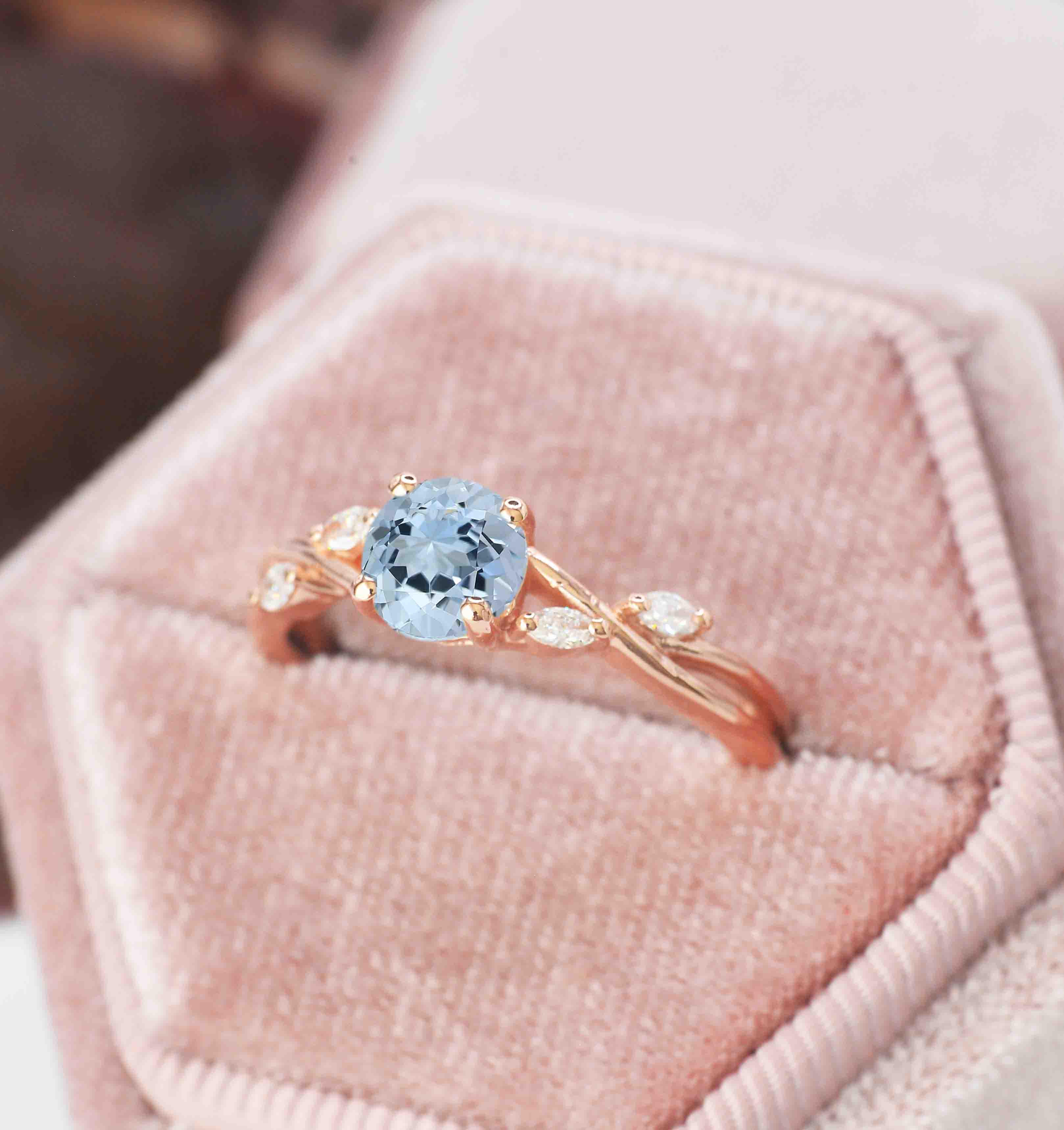 round aquamarine and diamond promise ring