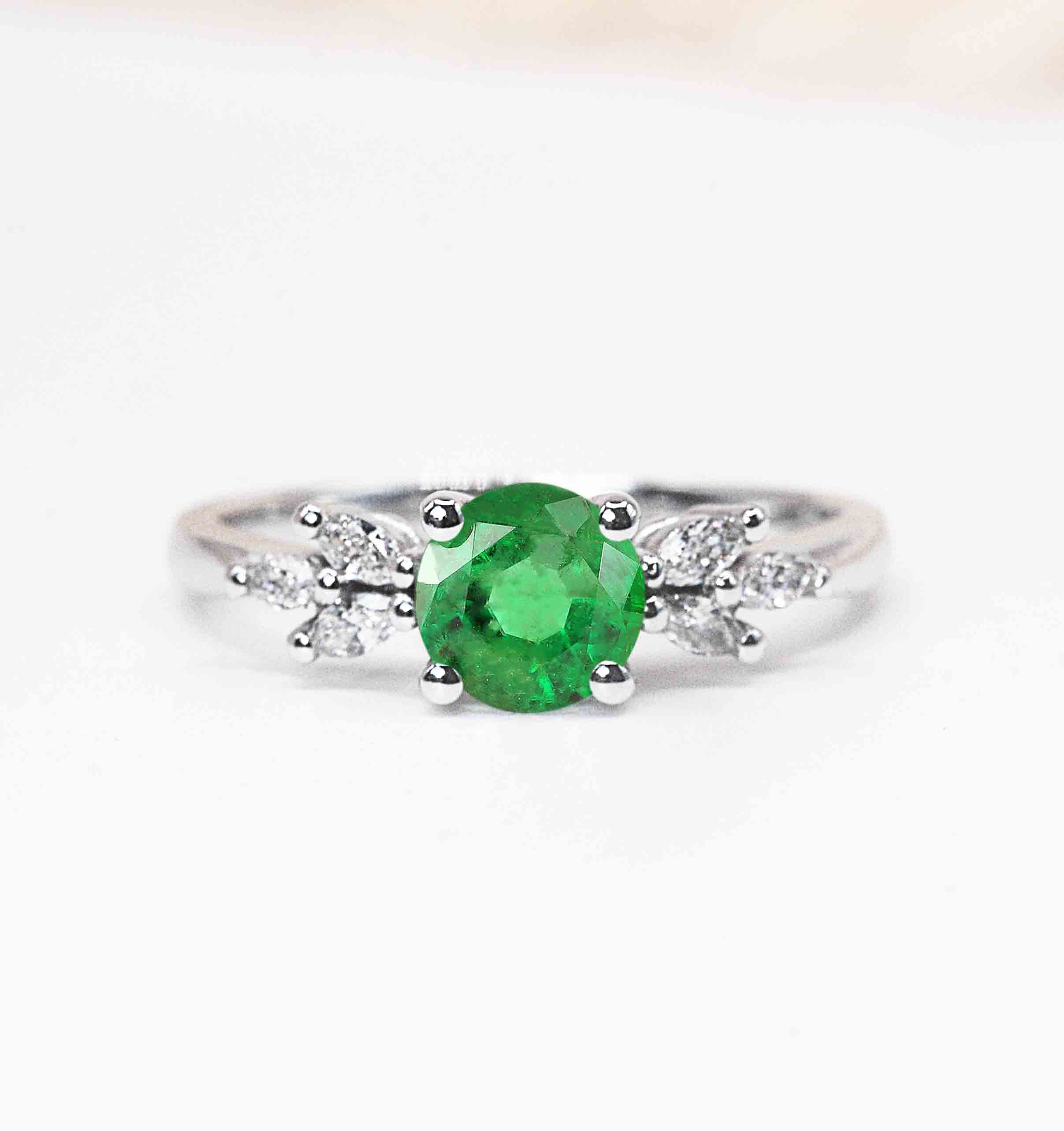 round emerald and diamond dainty ring