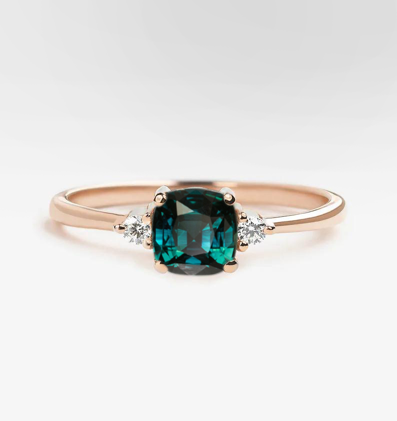 teal sapphire art deco cushion bridal ring for her
