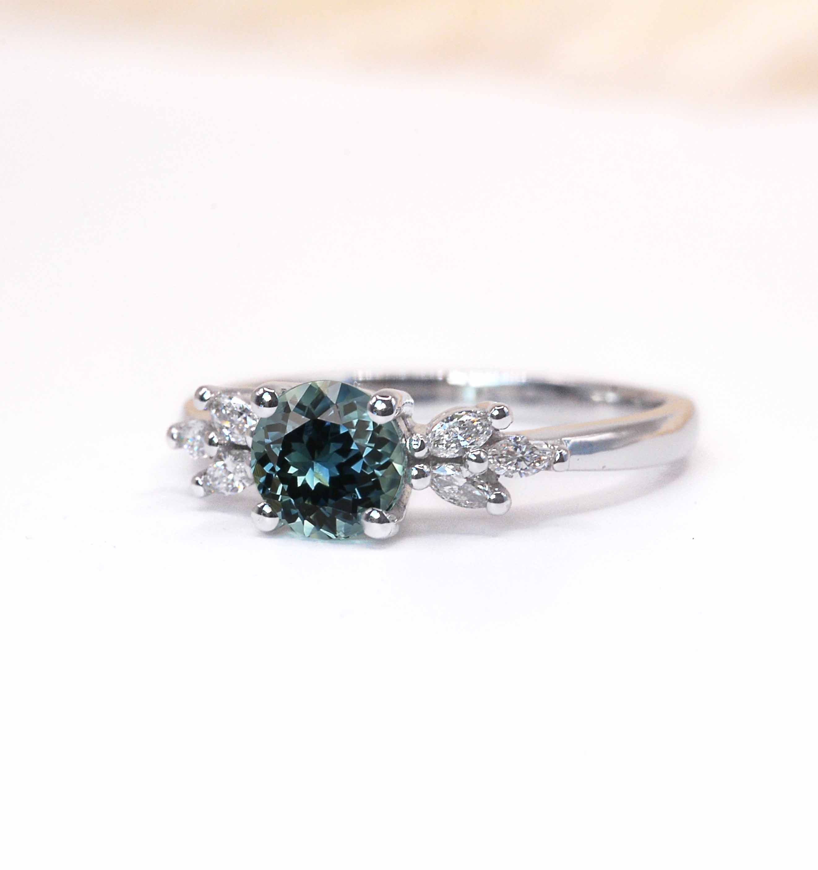 round teal sapphire art deco engagement ring