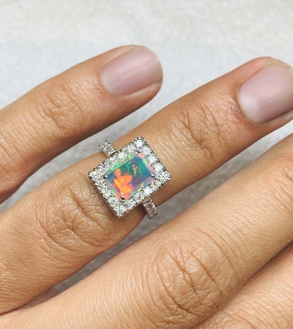emerald cut white opal ring