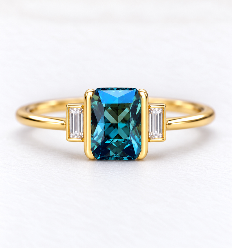radiant teal sapphire ring bezel set engagement ring
