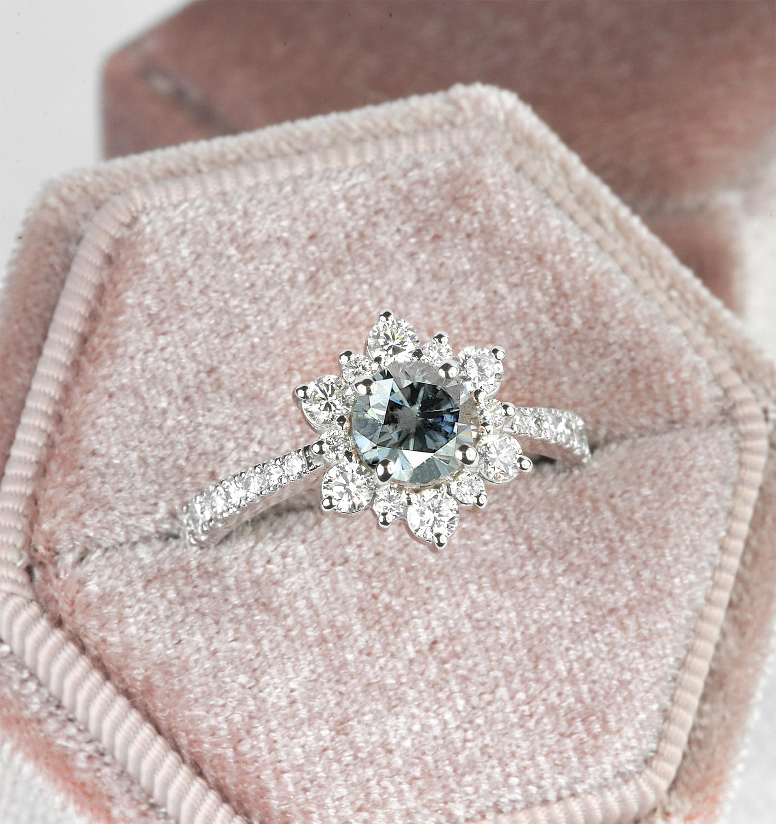 grey moissanite bridal ring