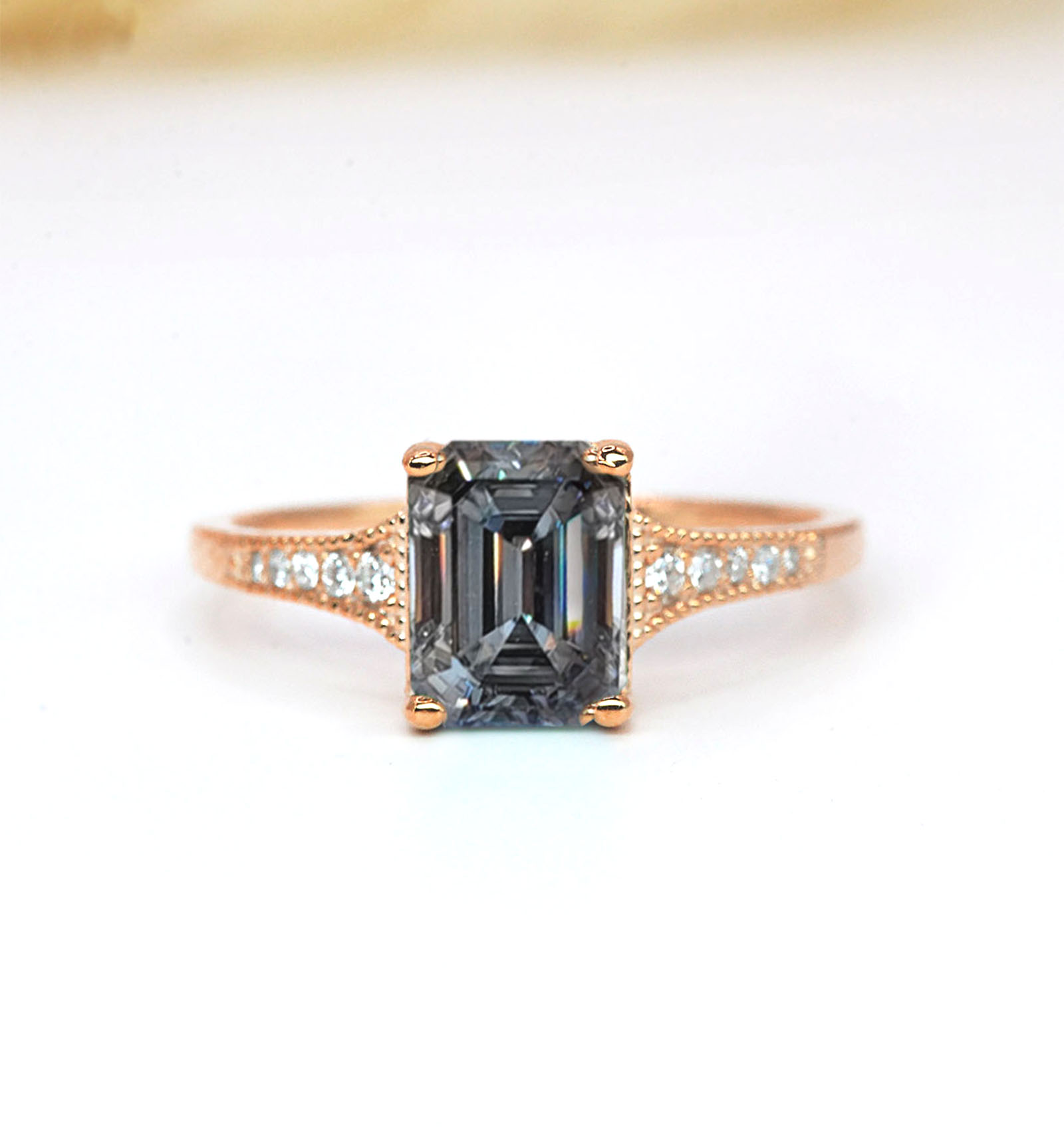 1.54ct emerald cut grey moissanite vintage ring
