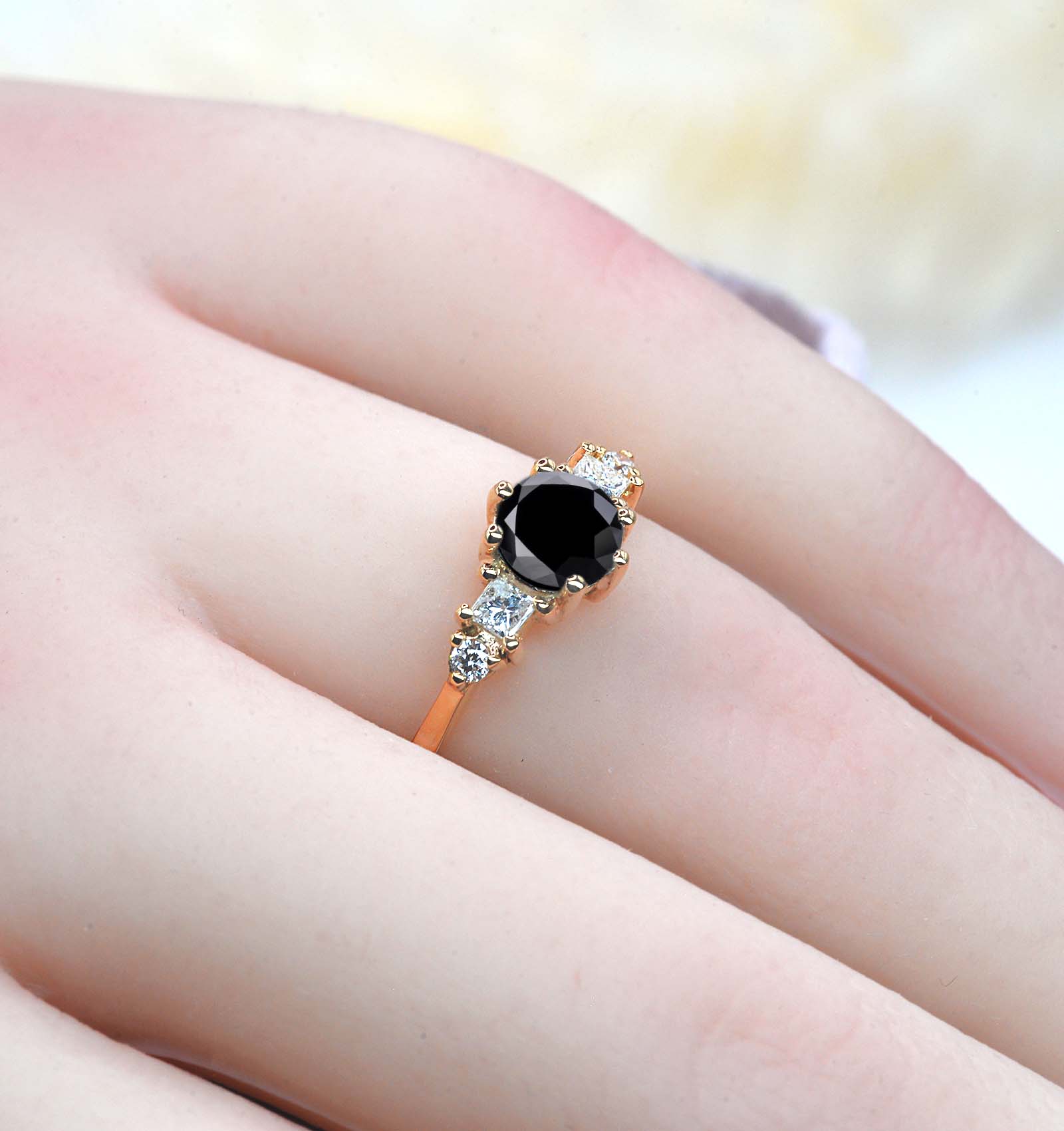 6mm round black diamond handmade ring