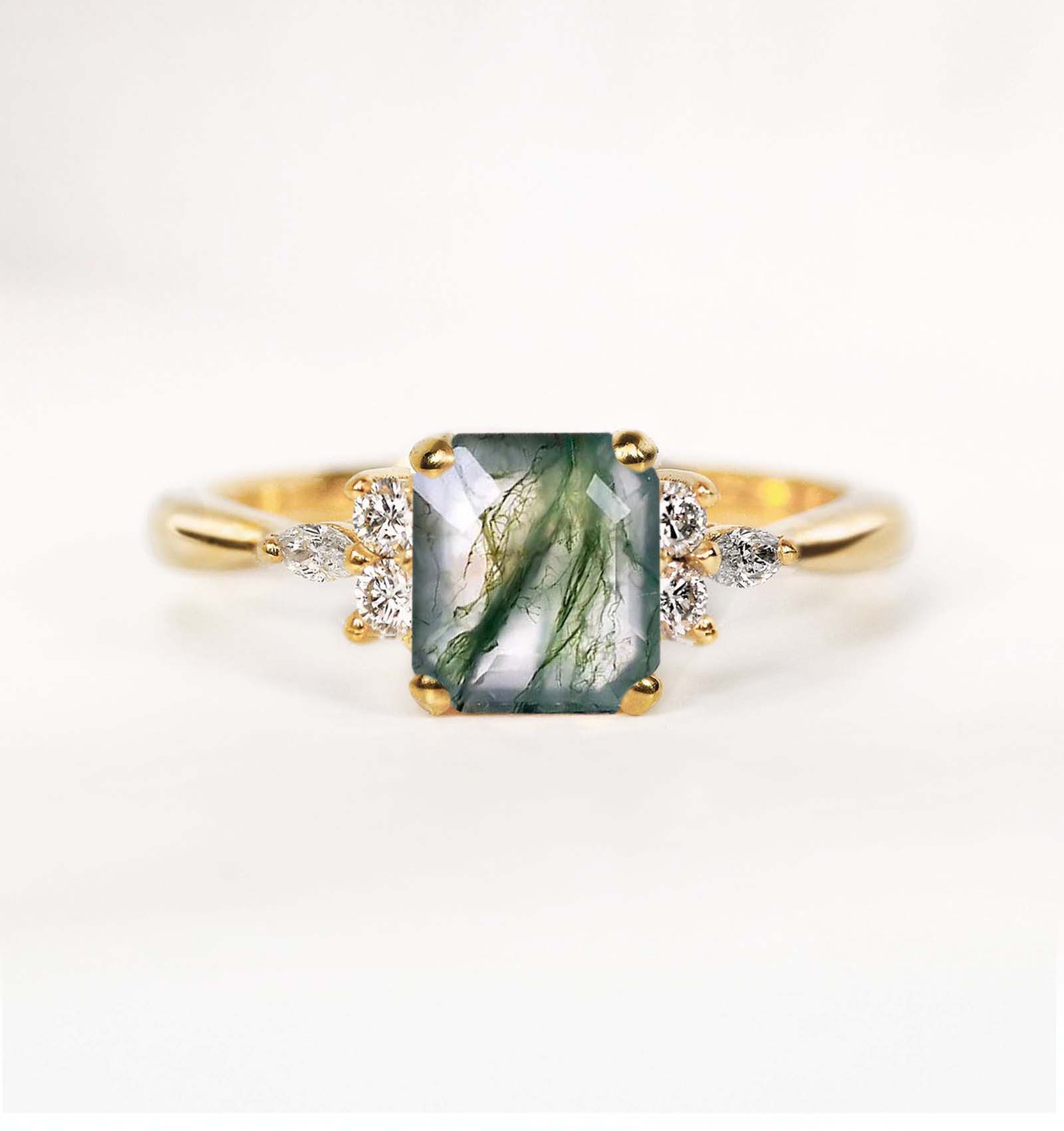Emerald cut moss agate Bridal engagement ring