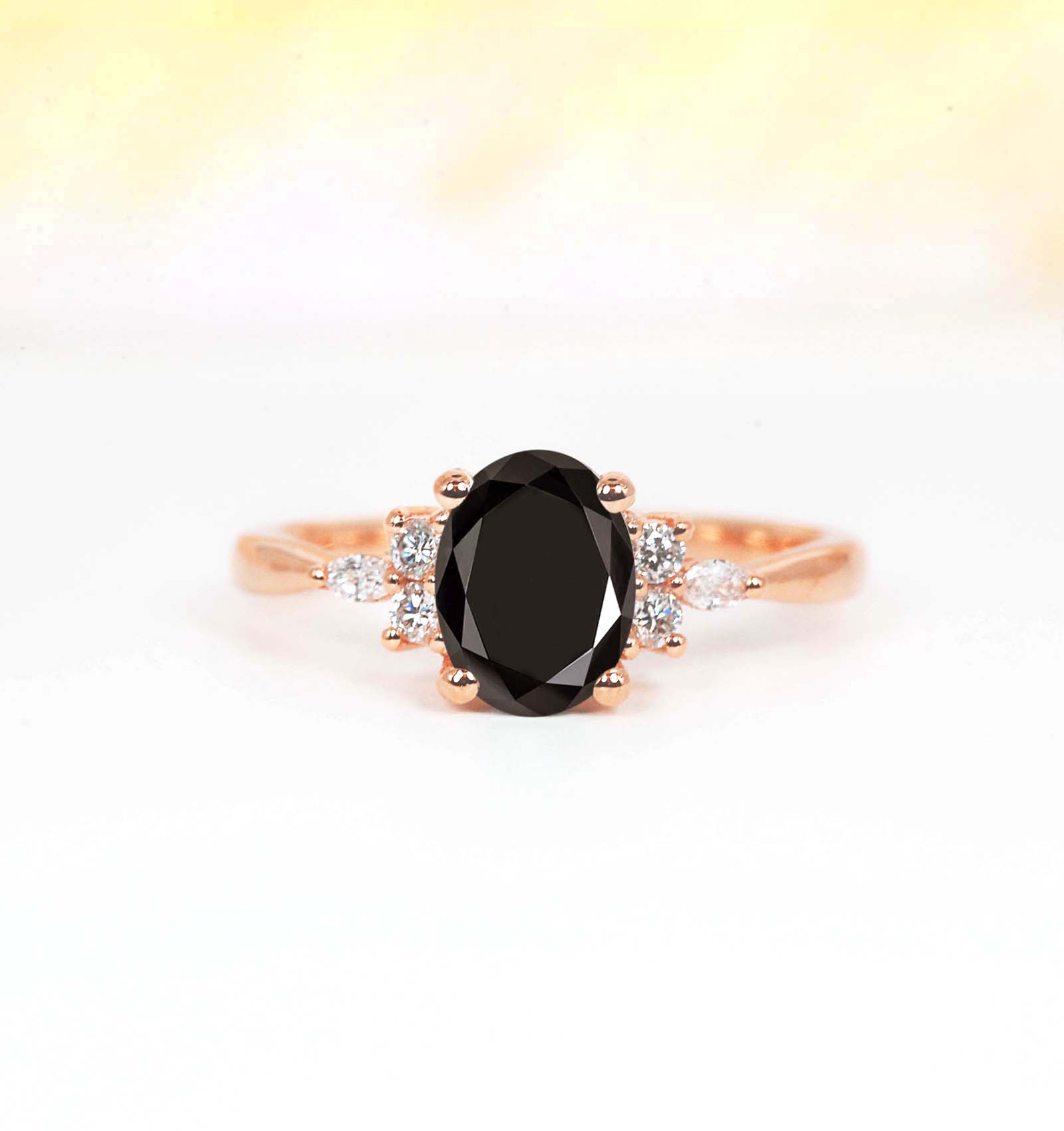 Oval black diamond dainty ring with marquise diamonds