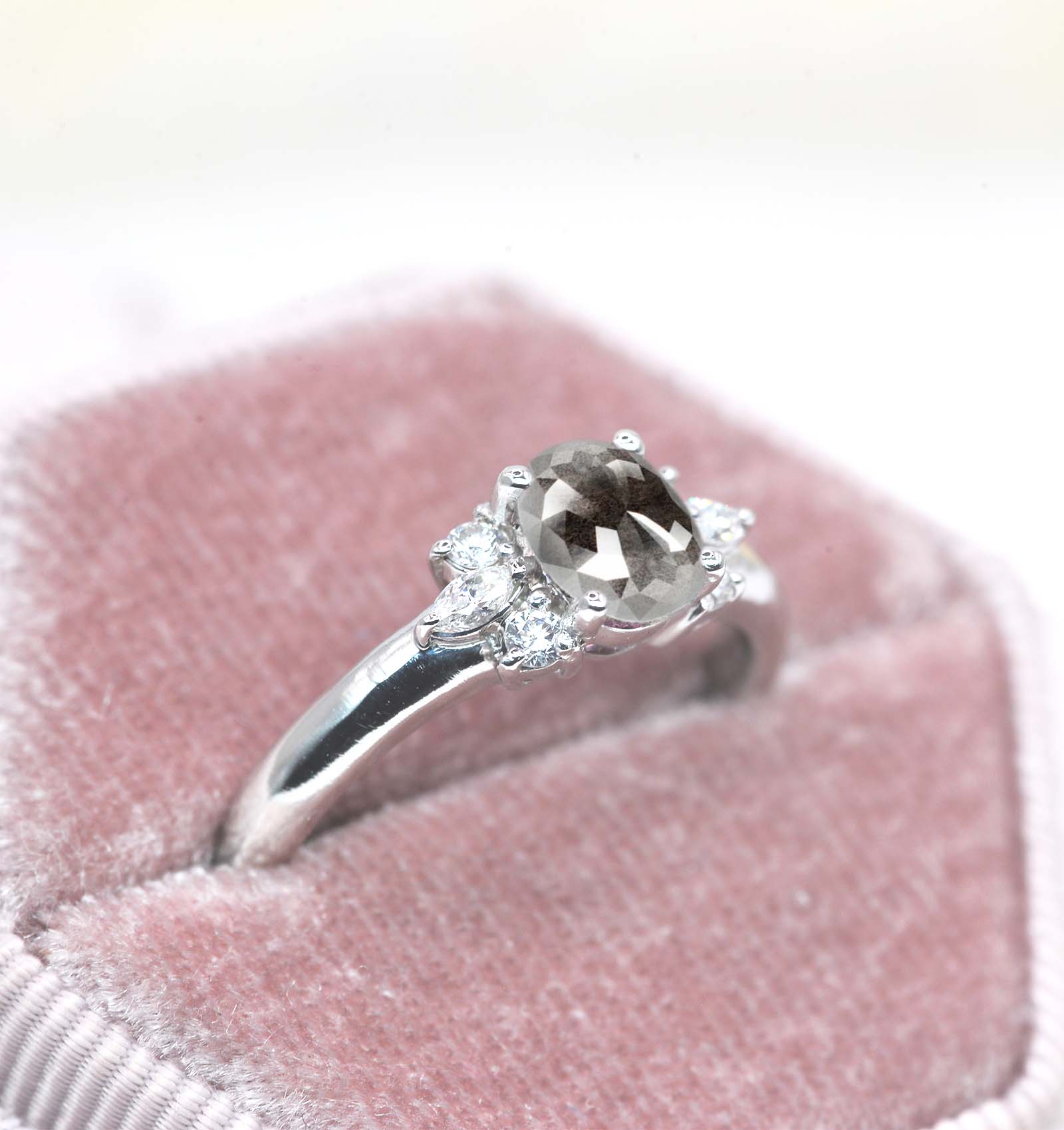 oval cushion cut salt and pepper diamond ring