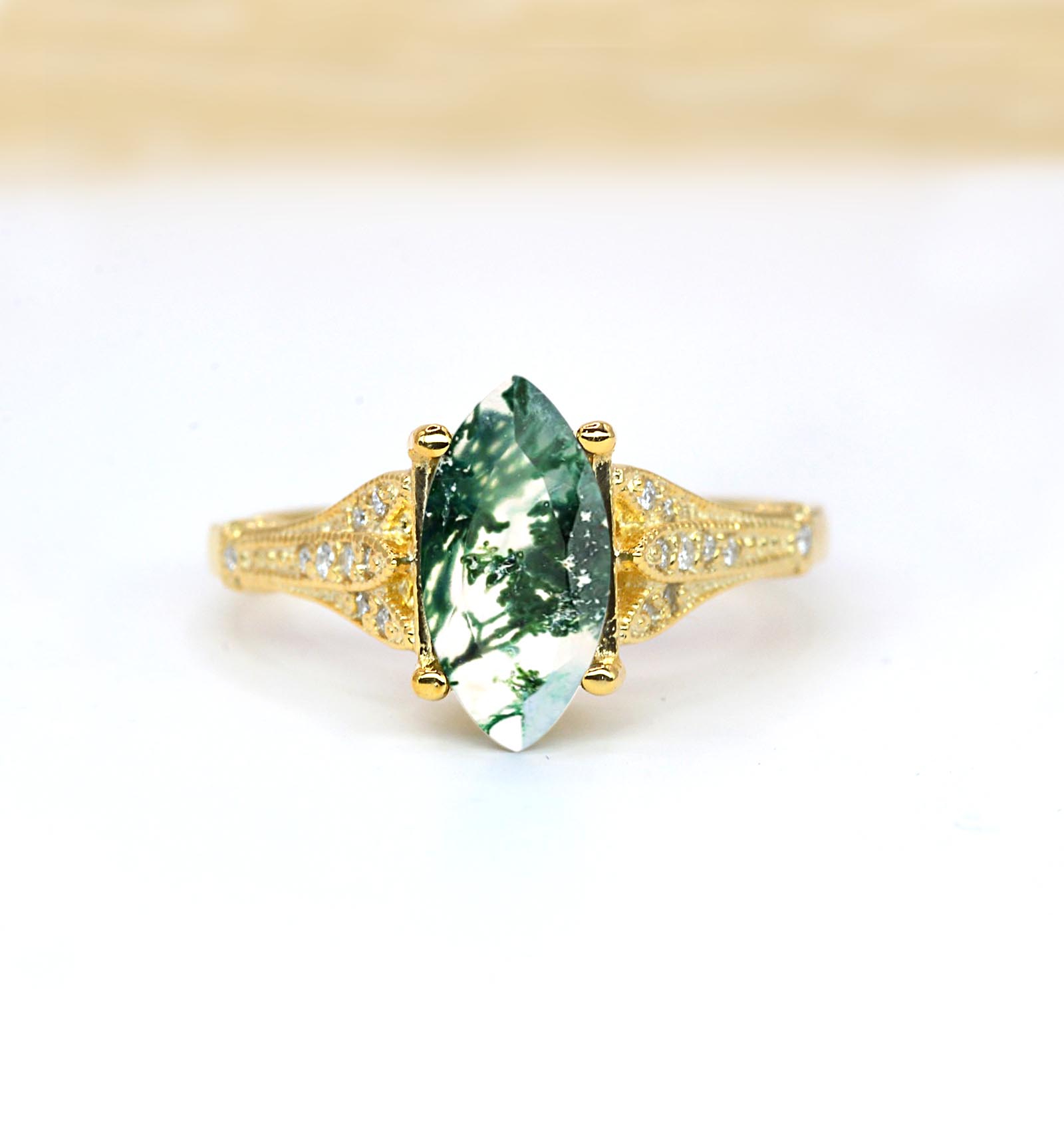 marquise moss agate and diamond ring