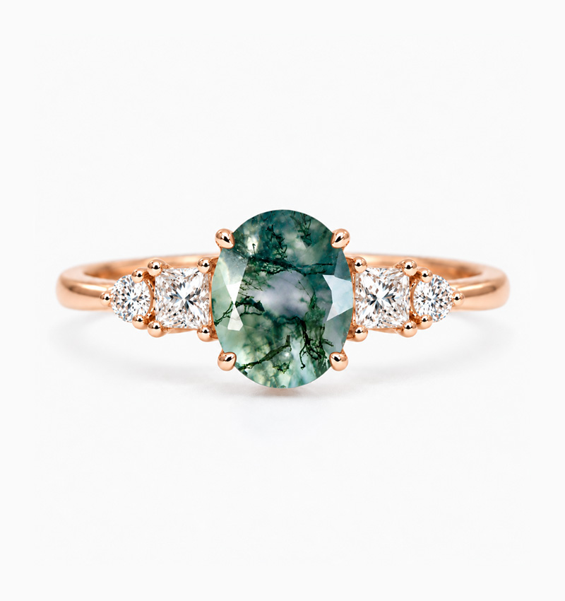 minimalist oval moss agate engagement ring
