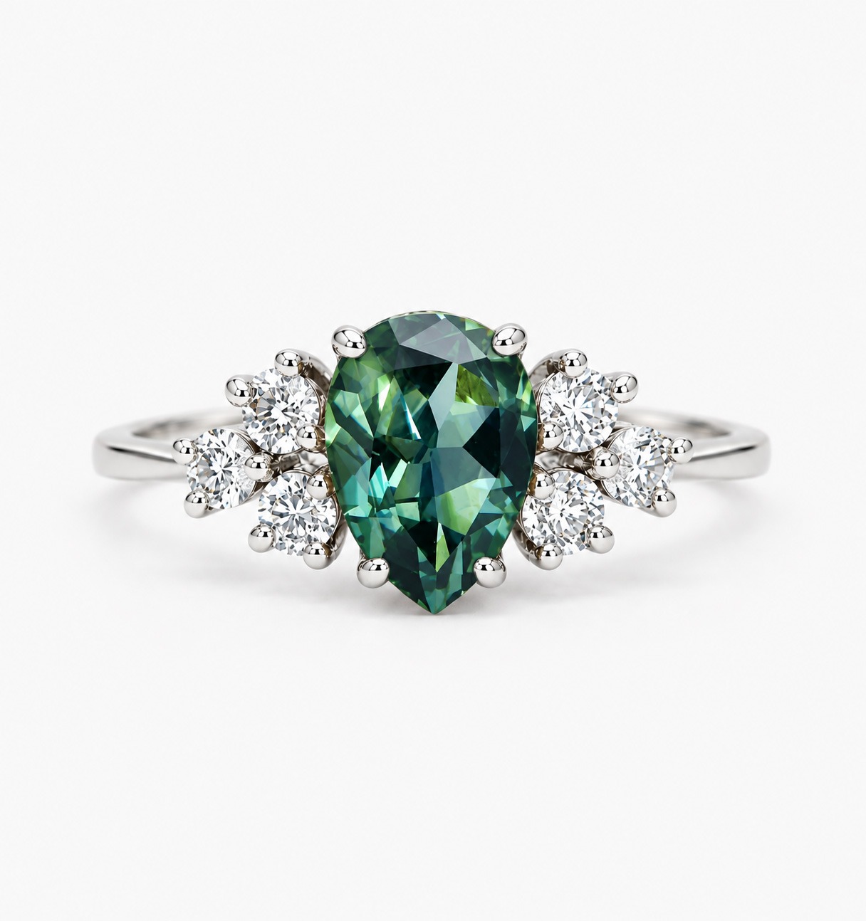 pear cut teal sapphire and diamond cluster engagement ring
