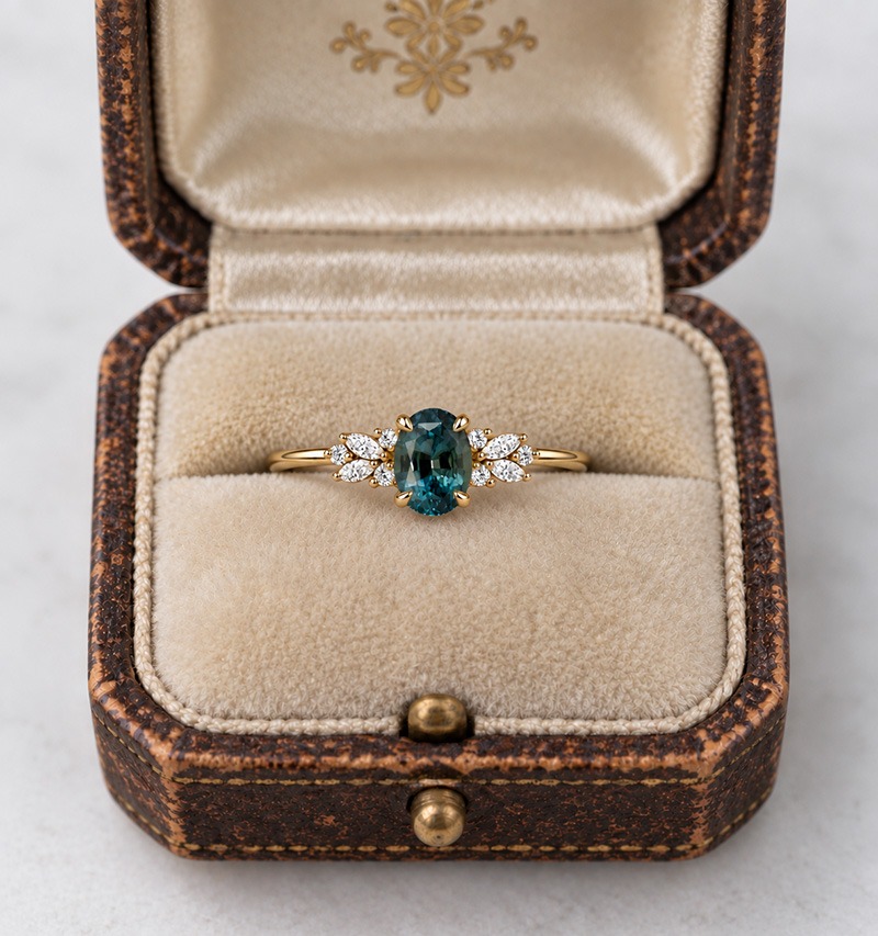 Oval Green Teal Sapphire Engagement Ring - Image 5