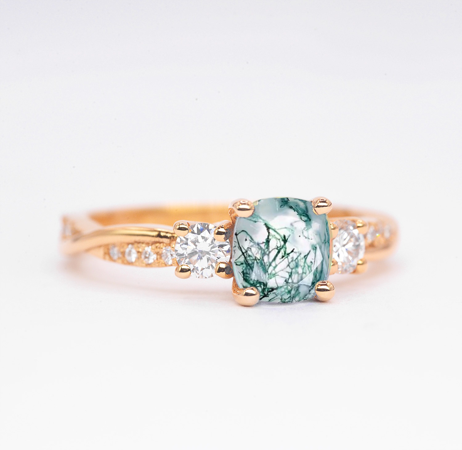 6mm moss agate and diamond art deco ring