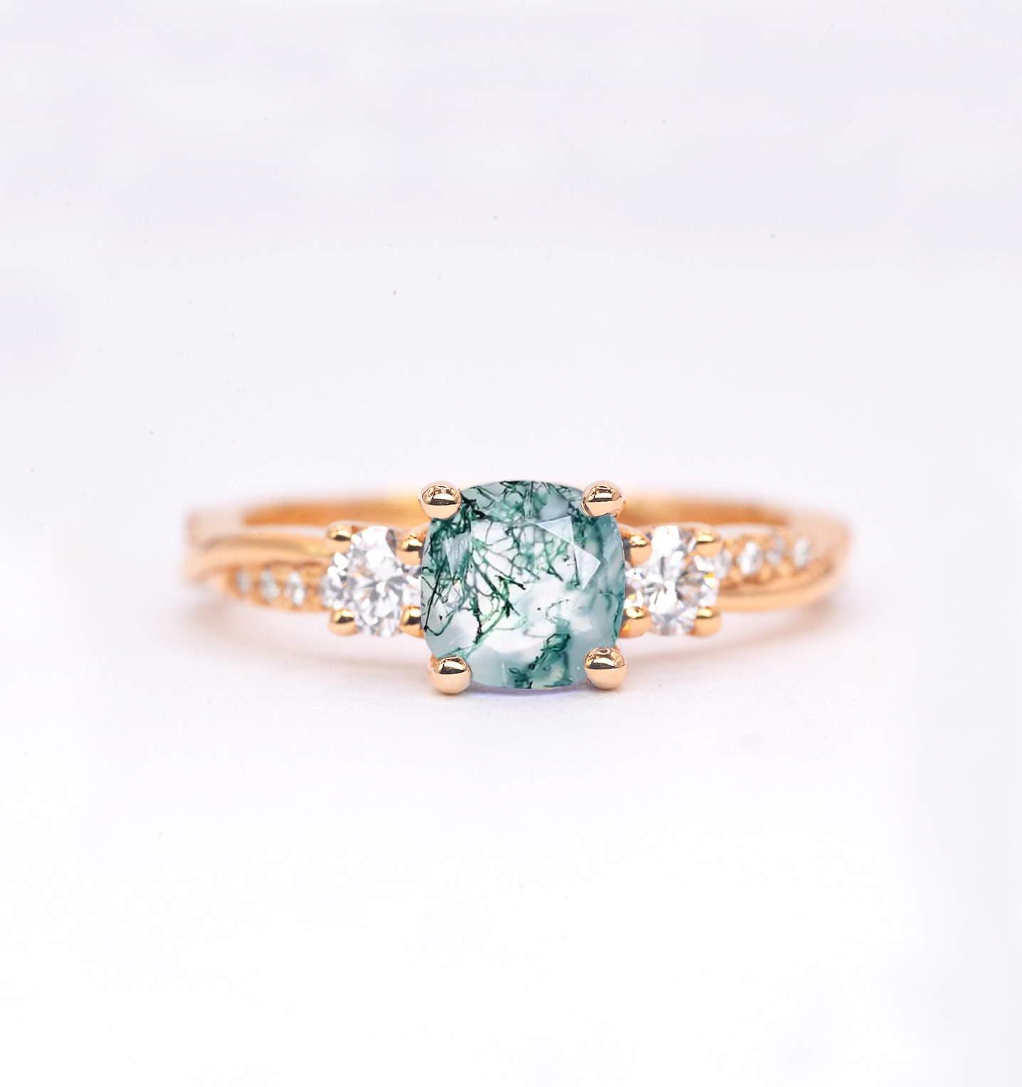 6mm moss agate and diamond art deco ring