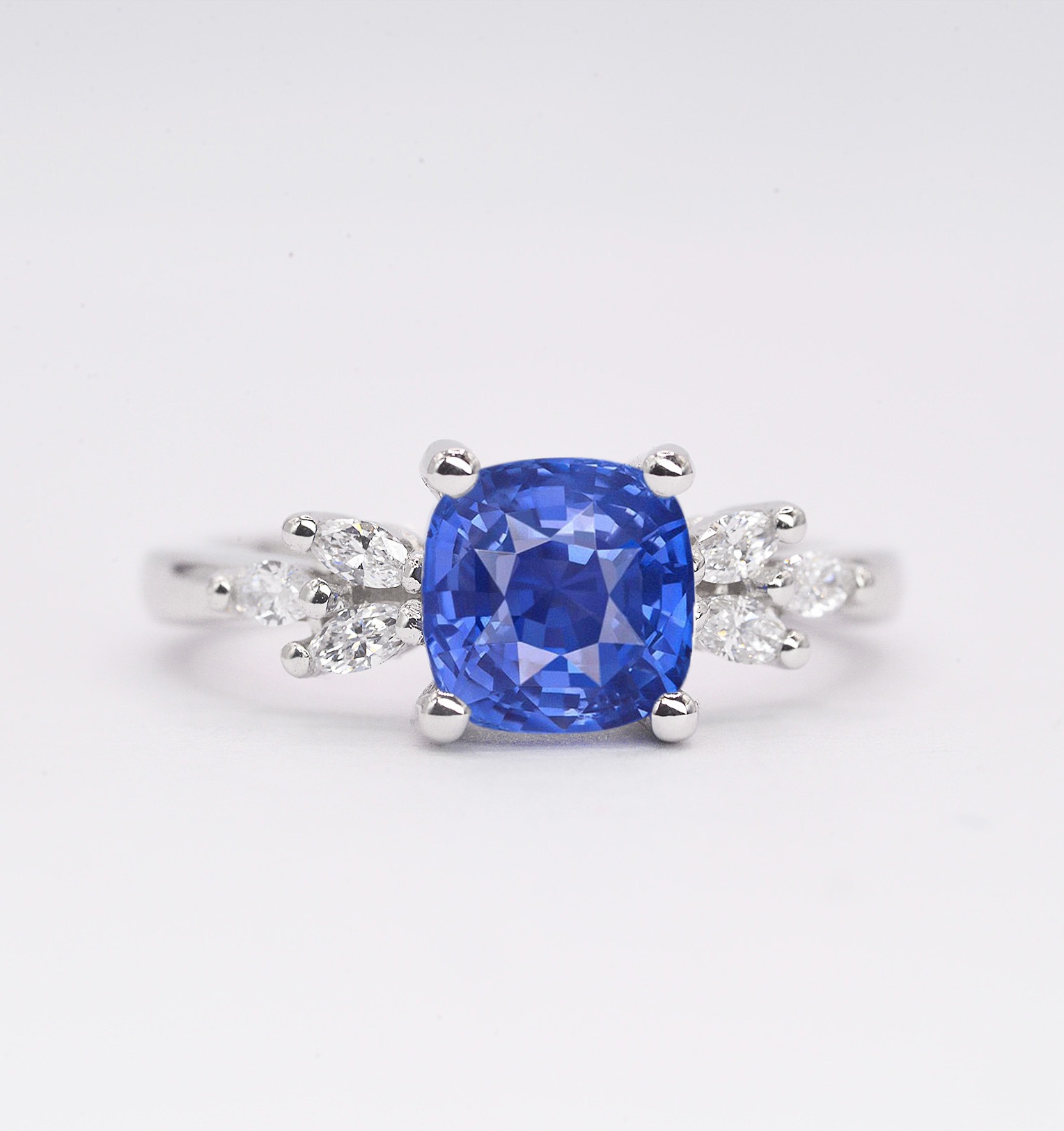 cushion shape blue sapphire bridal ring