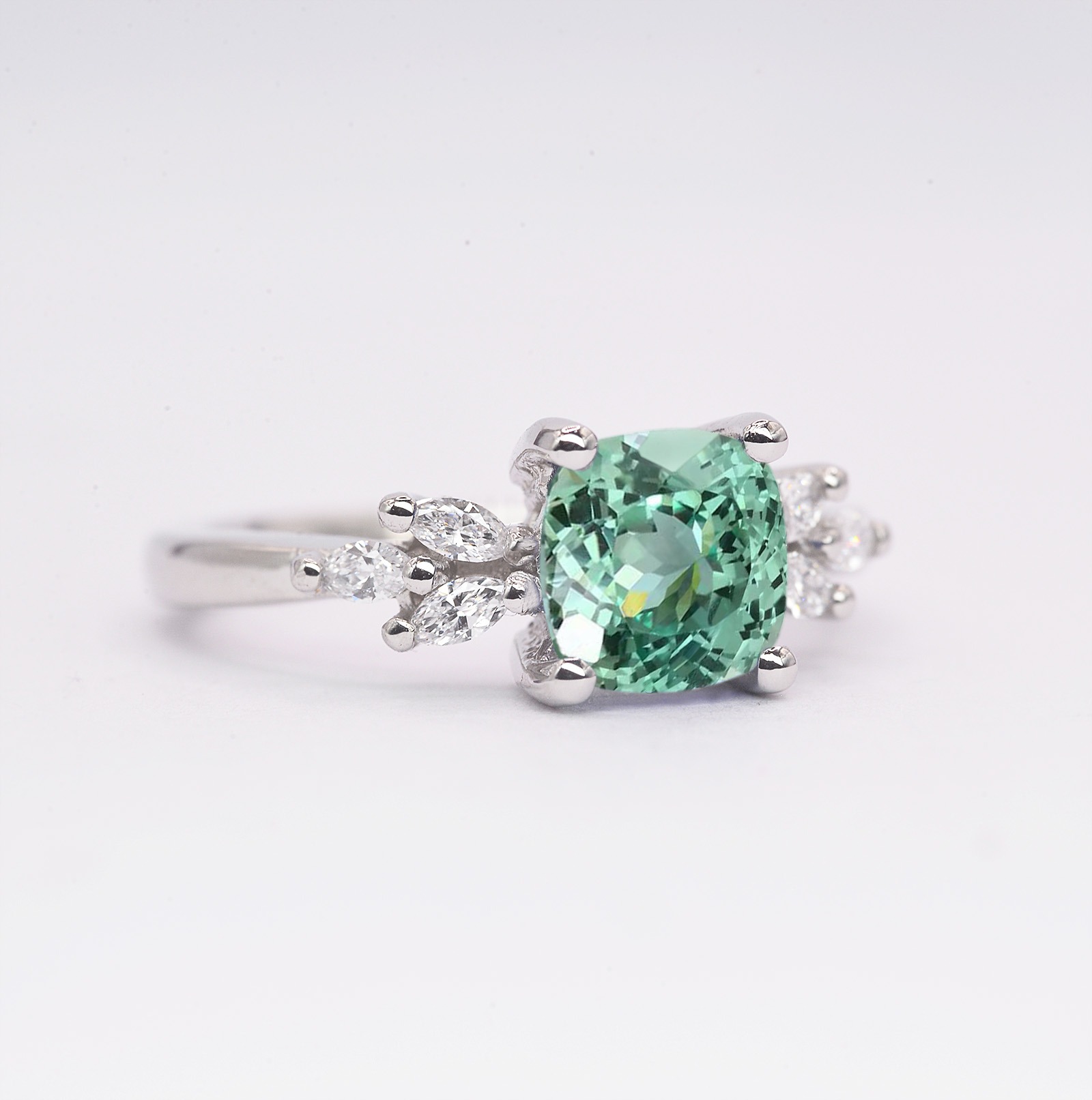 cushion cut mint green sapphire ring