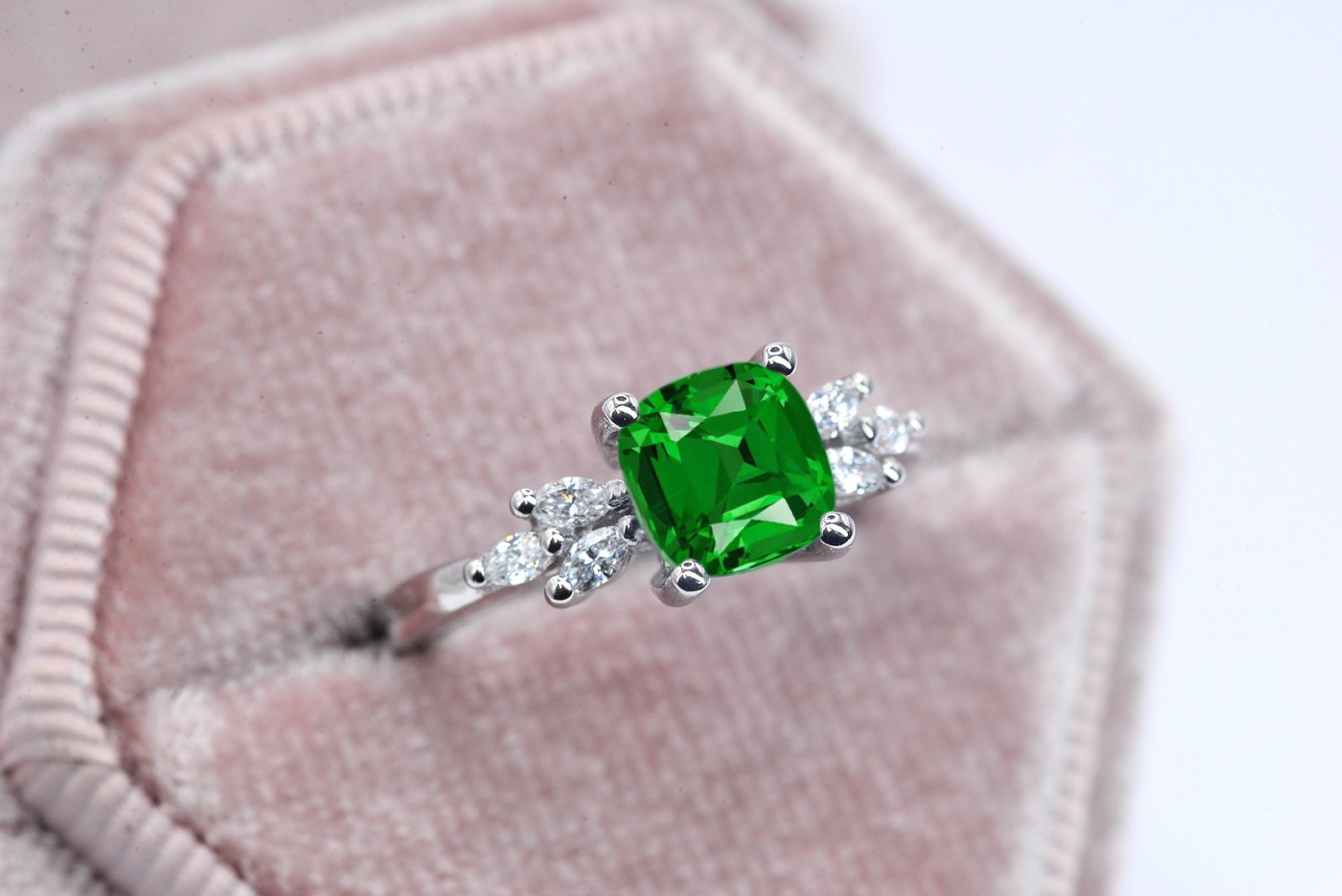 cushion cut tsavorite art deco ring