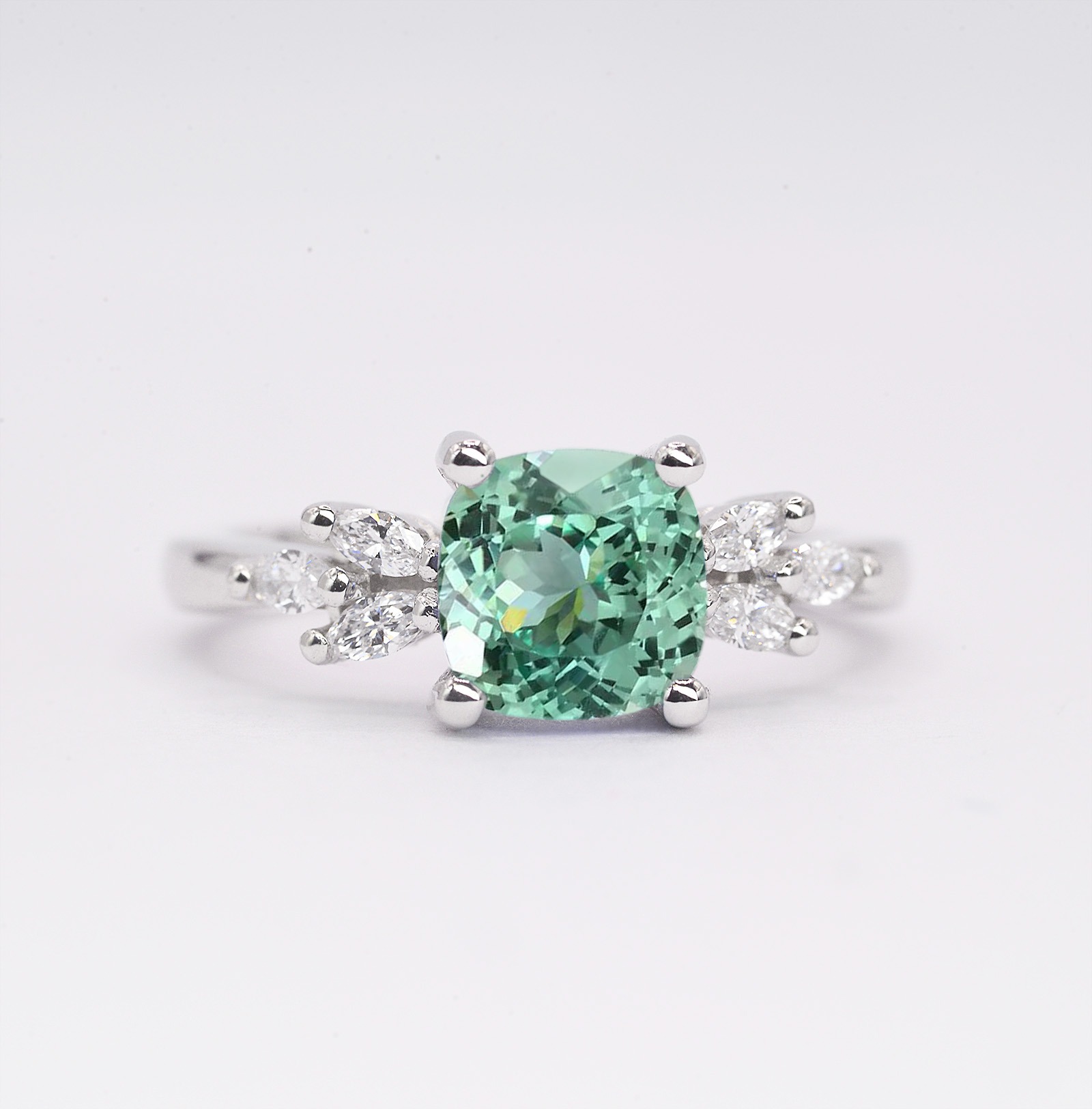 cushion cut mint green sapphire ring